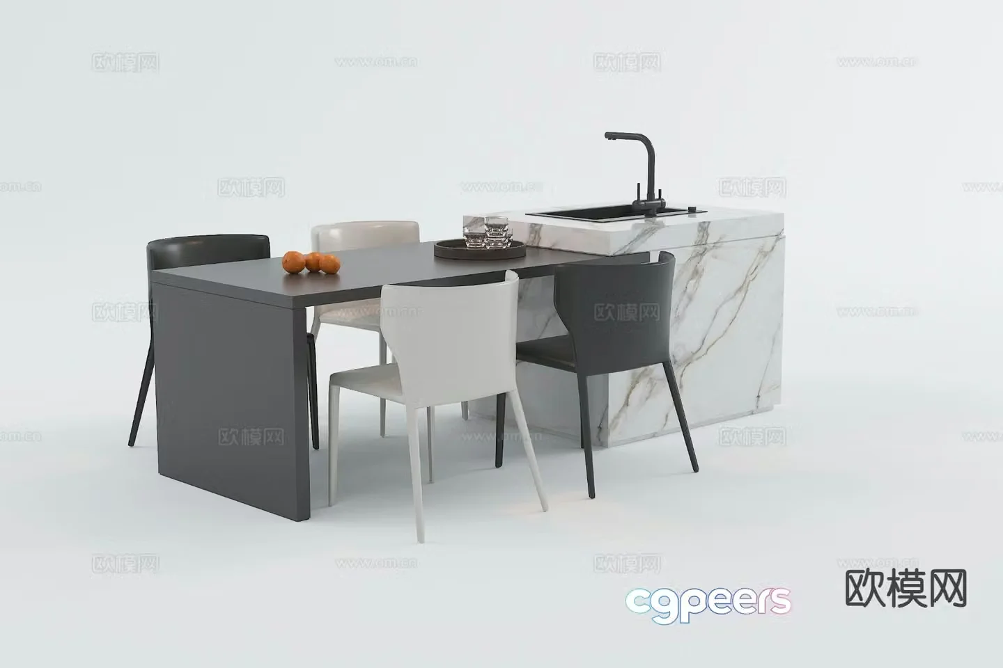 Modern island table dining table and chairs 3D model