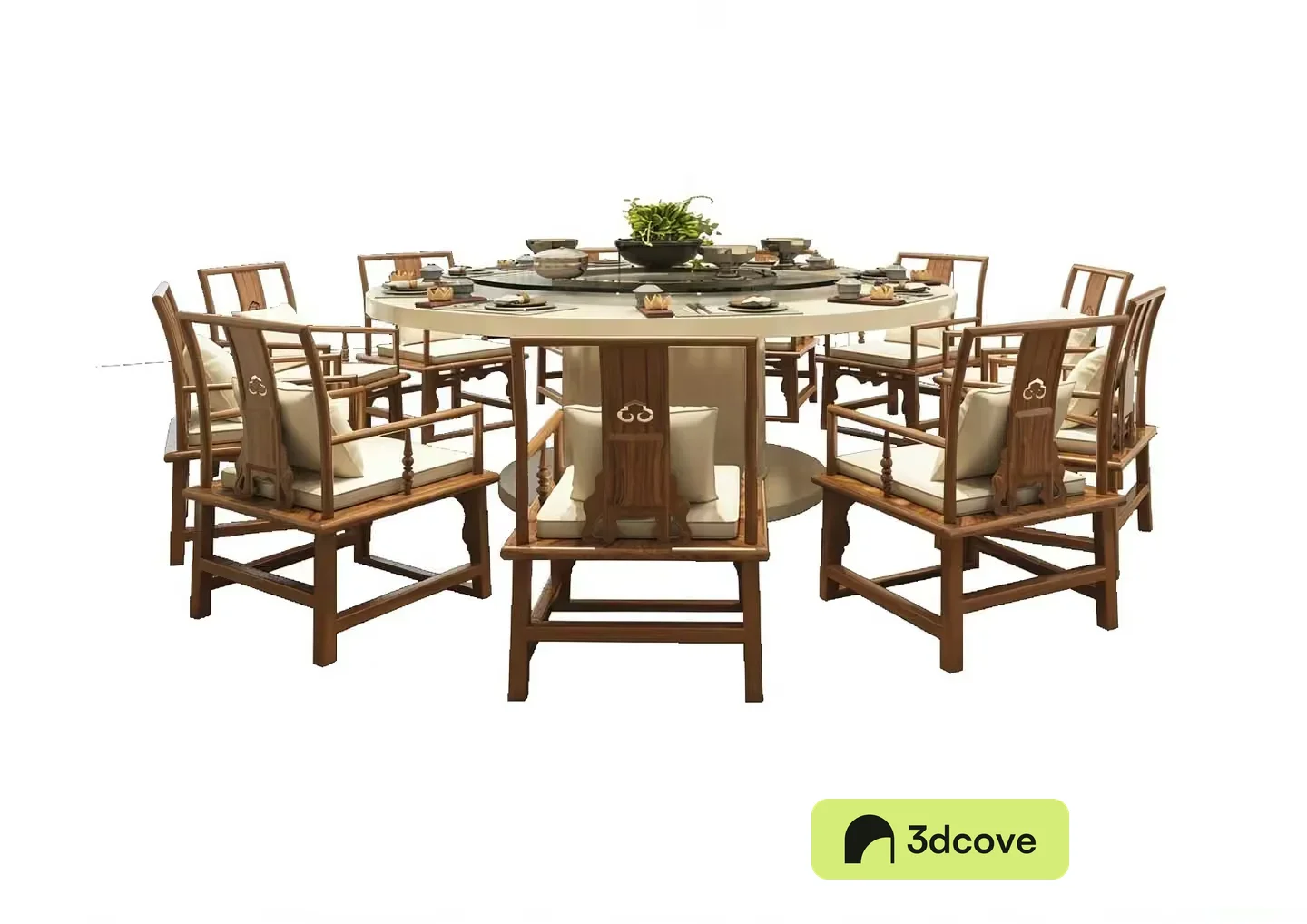 A Round Dining Table With Eight Chairs