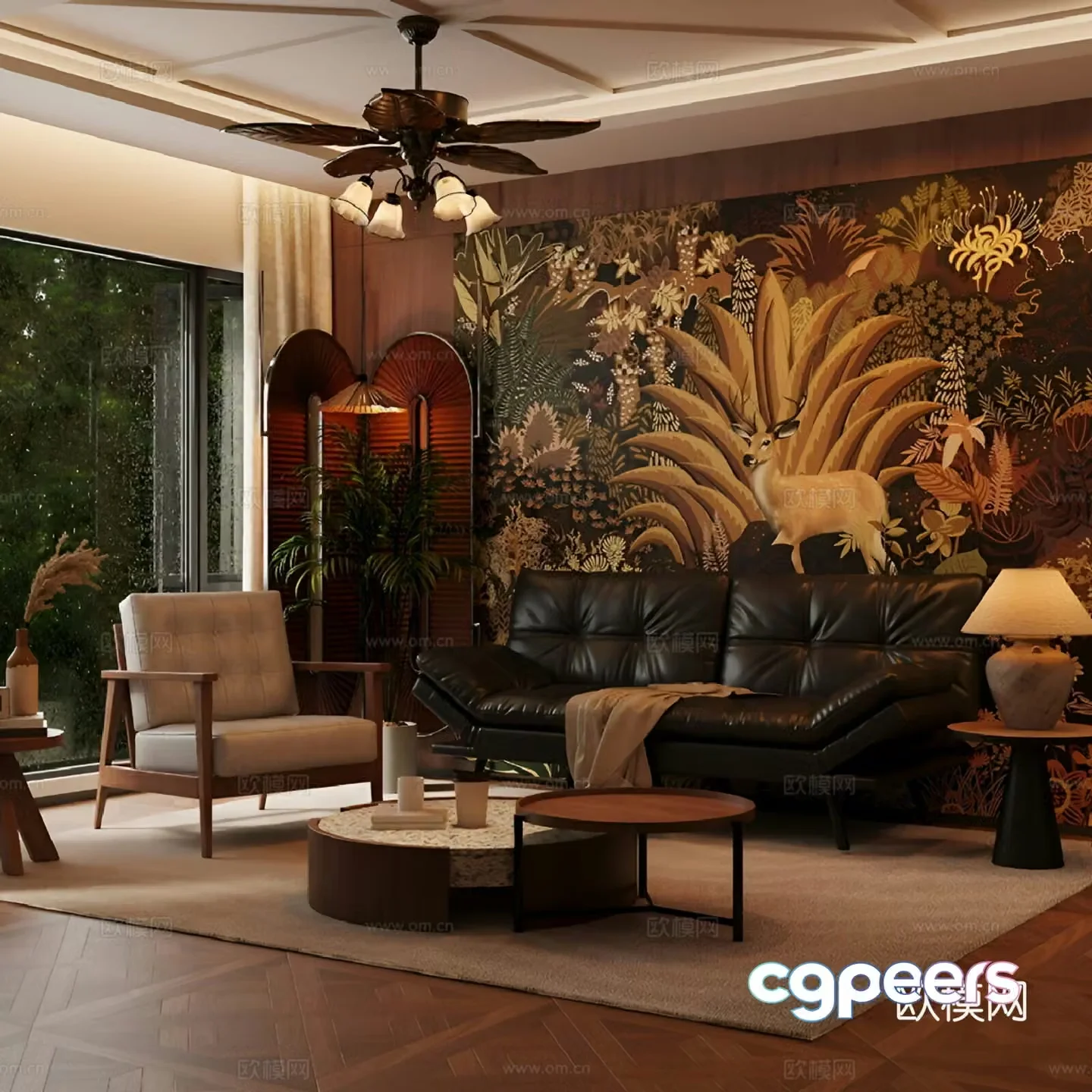 Medium American home living room with animation Medium style mural American mural Medium style living room 3D model