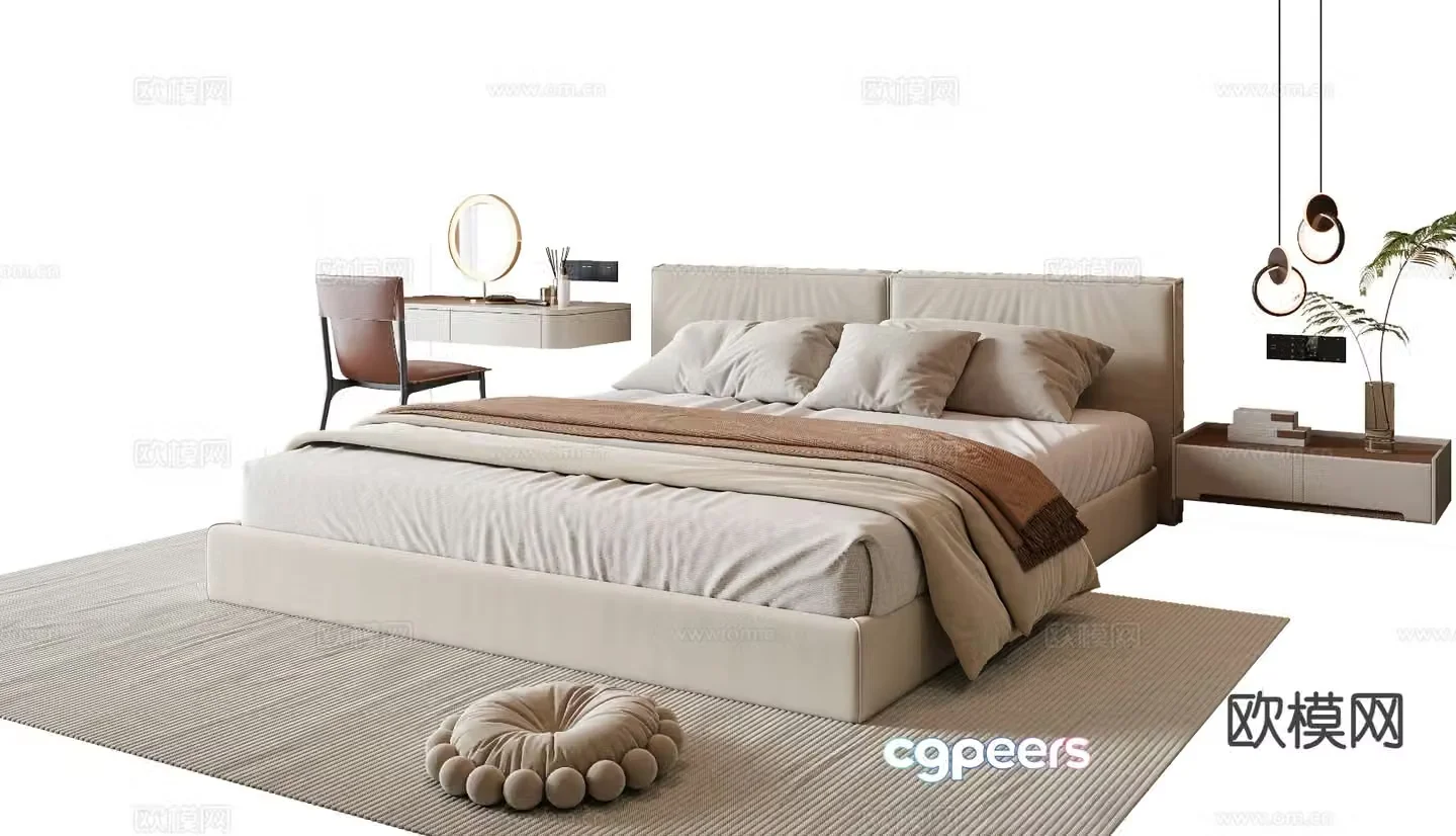 Cream style double bed 3d model