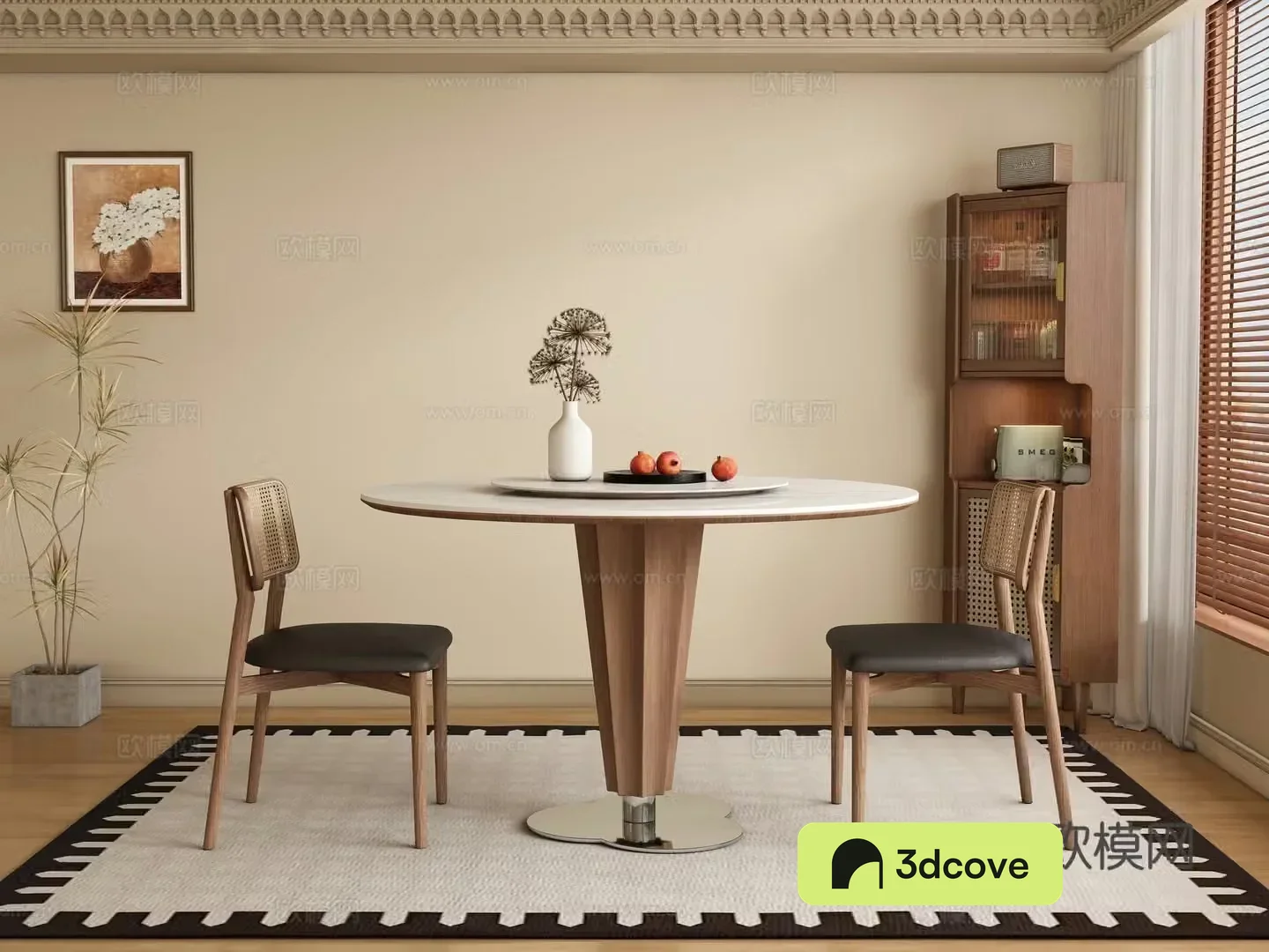 Middle style restaurant round dining table and chair 3D model