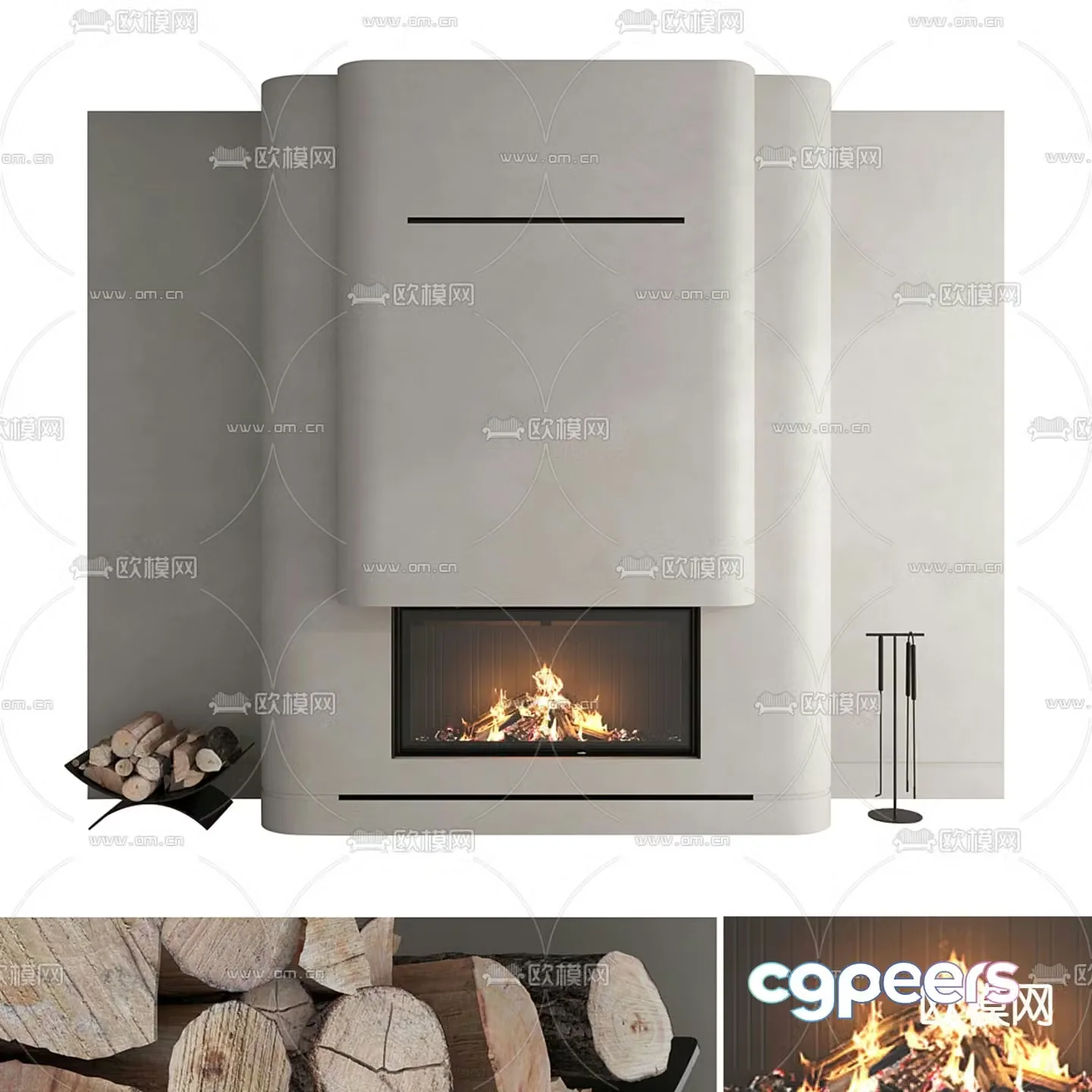 Wasabi fireplace flame firewood pile background wall 3d model