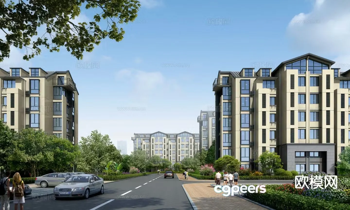 New Chinese style multi-story residential building community landscape 3D model