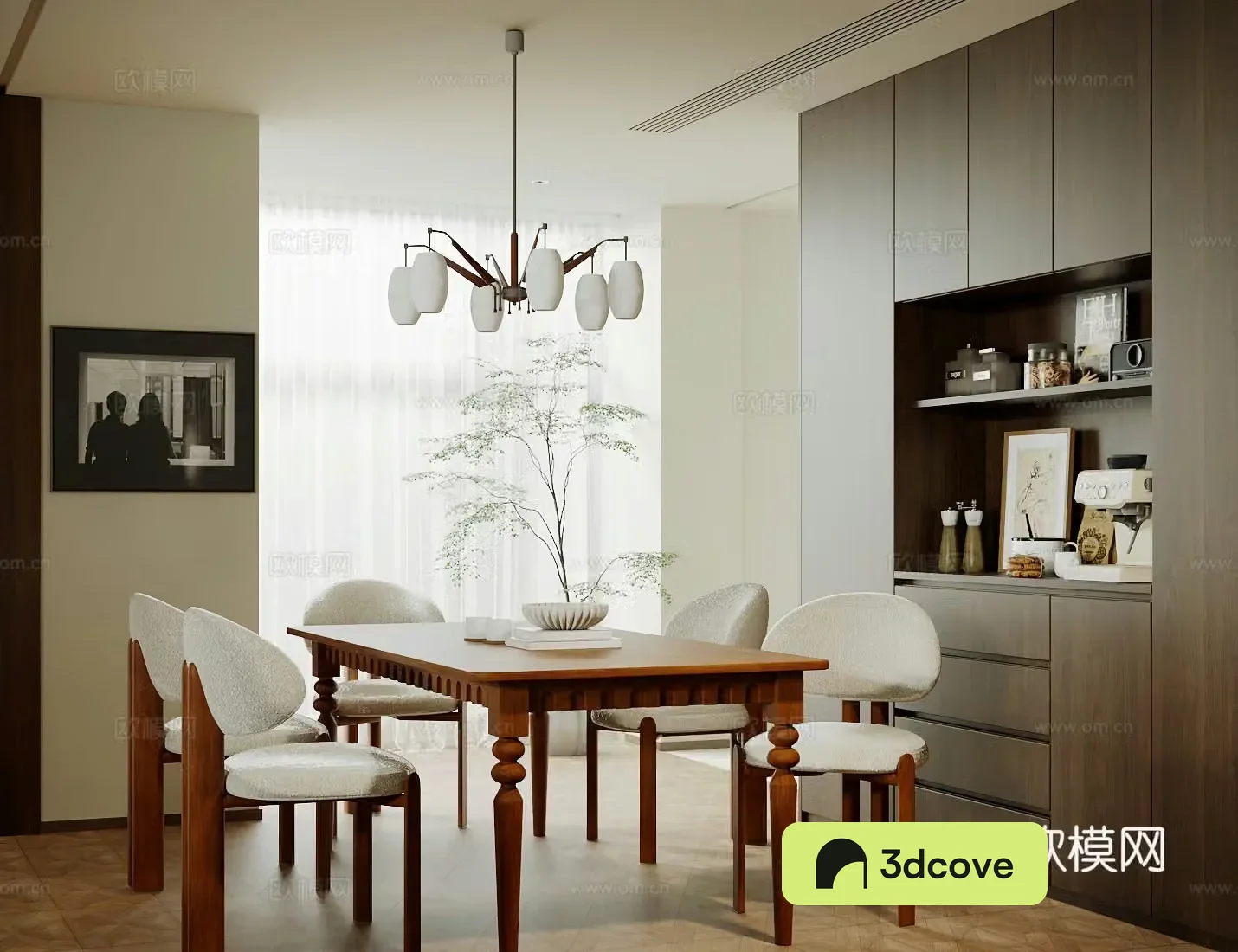 Middle-aged home restaurant Open restaurant Middle-aged dining table and chair combination sideboard decorative cabinet 3D model