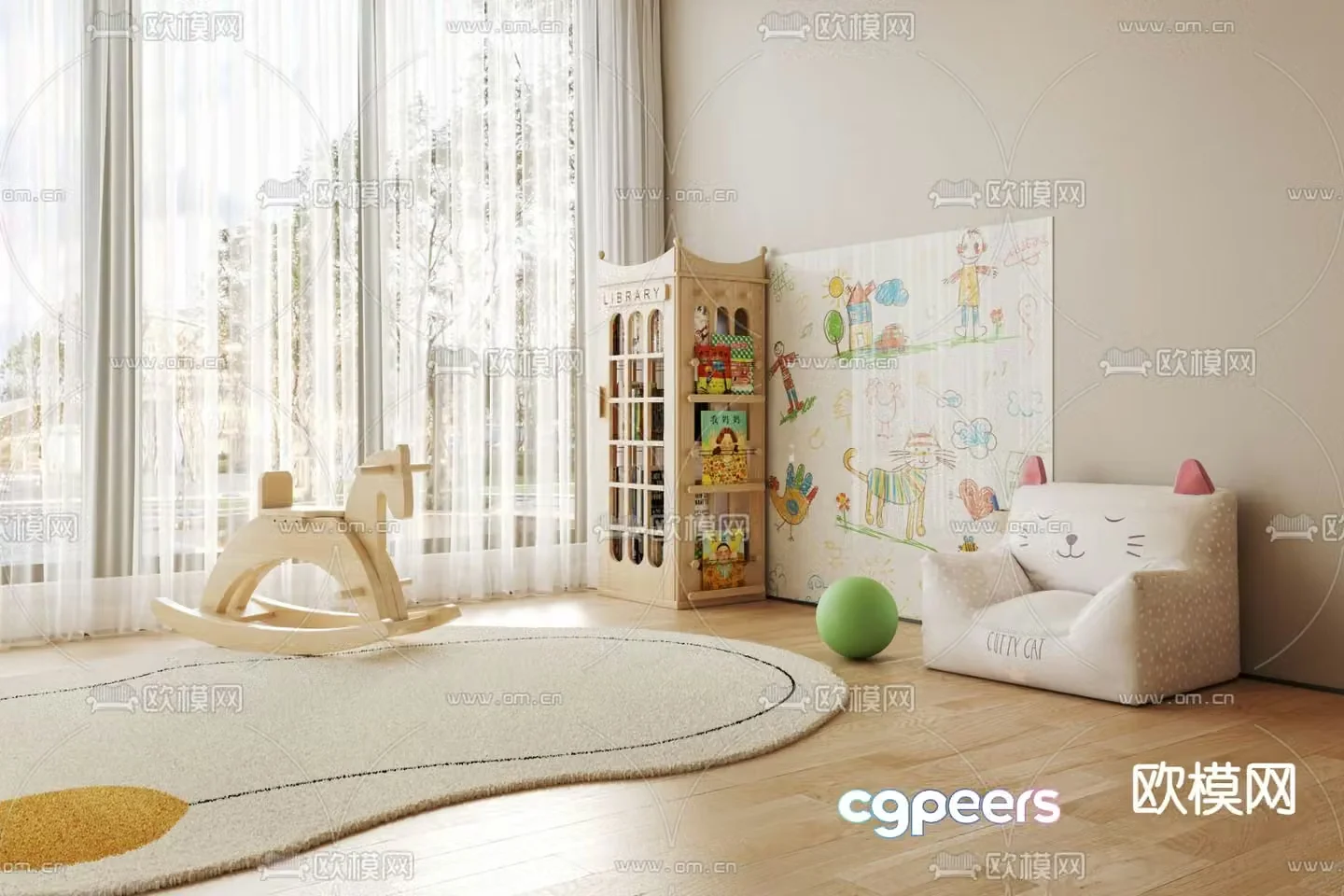 Children’s toys wooden horses beanbags bookcases 3D model