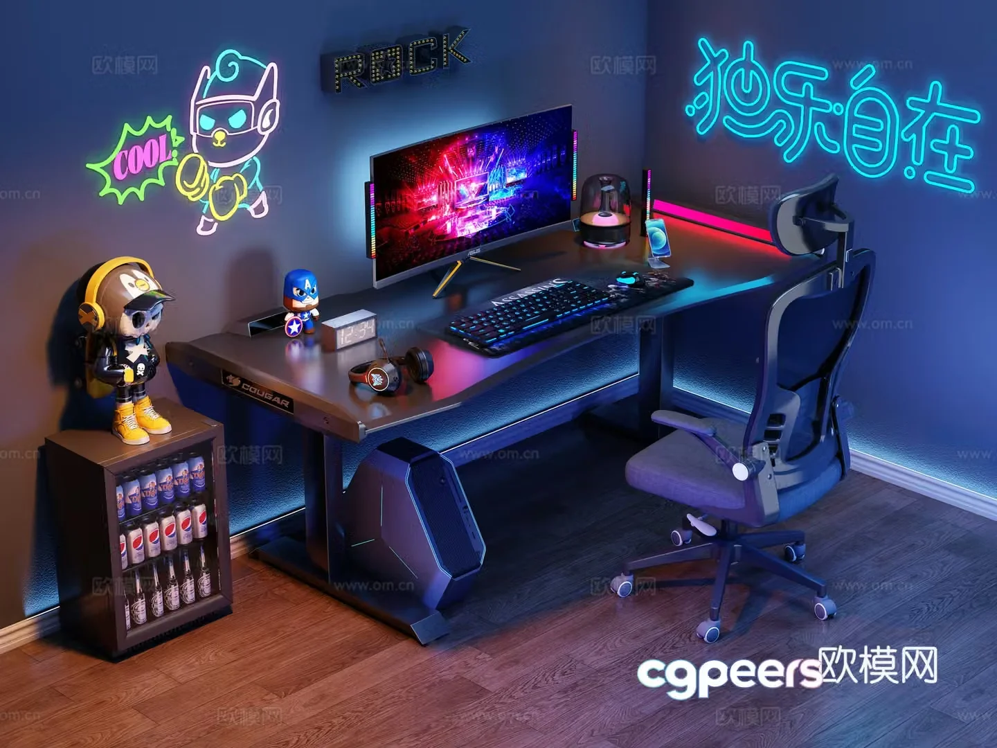 Modern desk and chair e-sports table and chair computer desk e-sports room computer ornament combination decorative lamp 3D model
