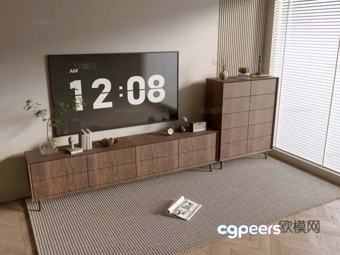 Log style wood grain TV cabinet chest 3D model