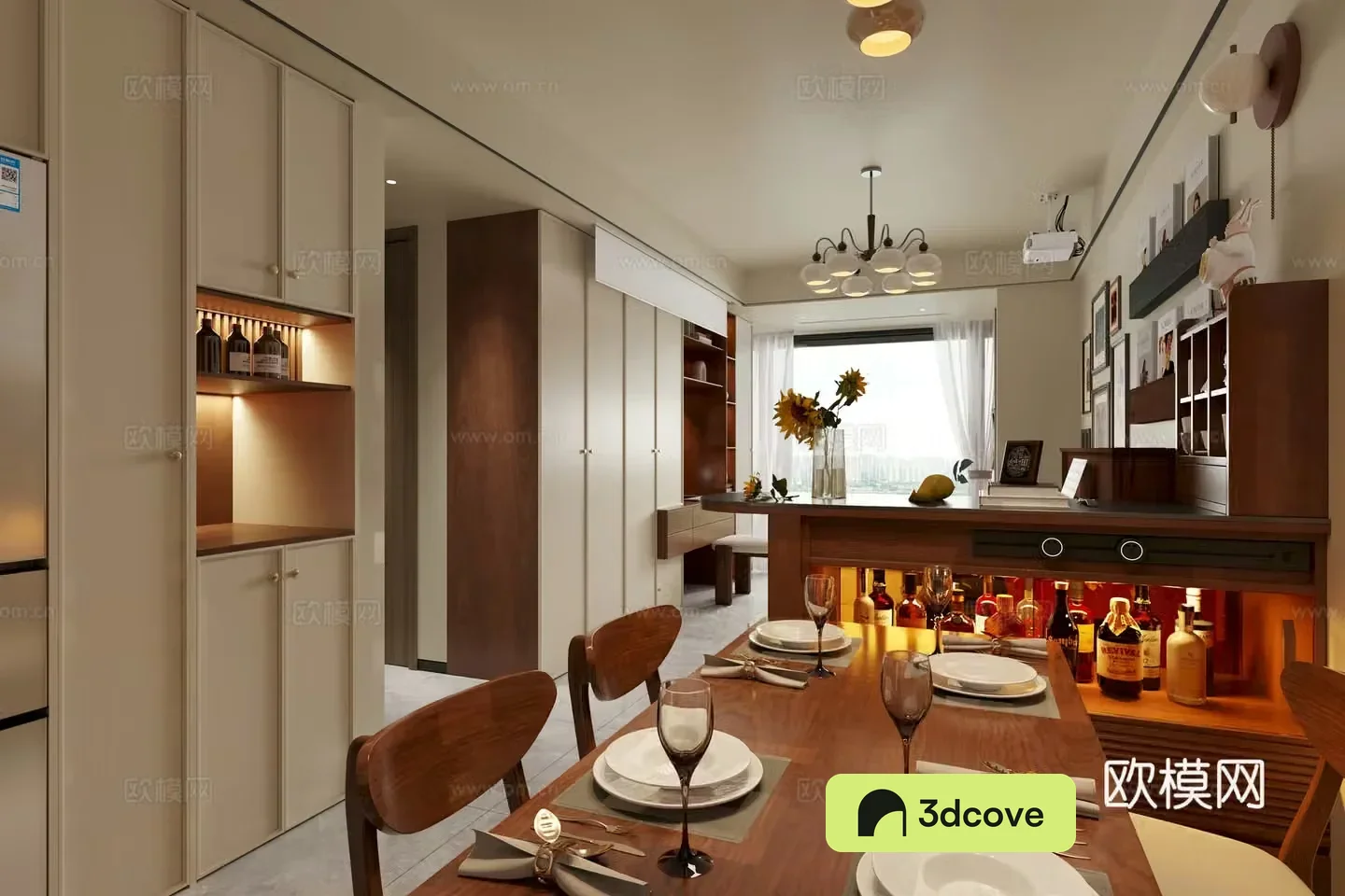 Middle style Living and dining room Logs Panoramic 3D model