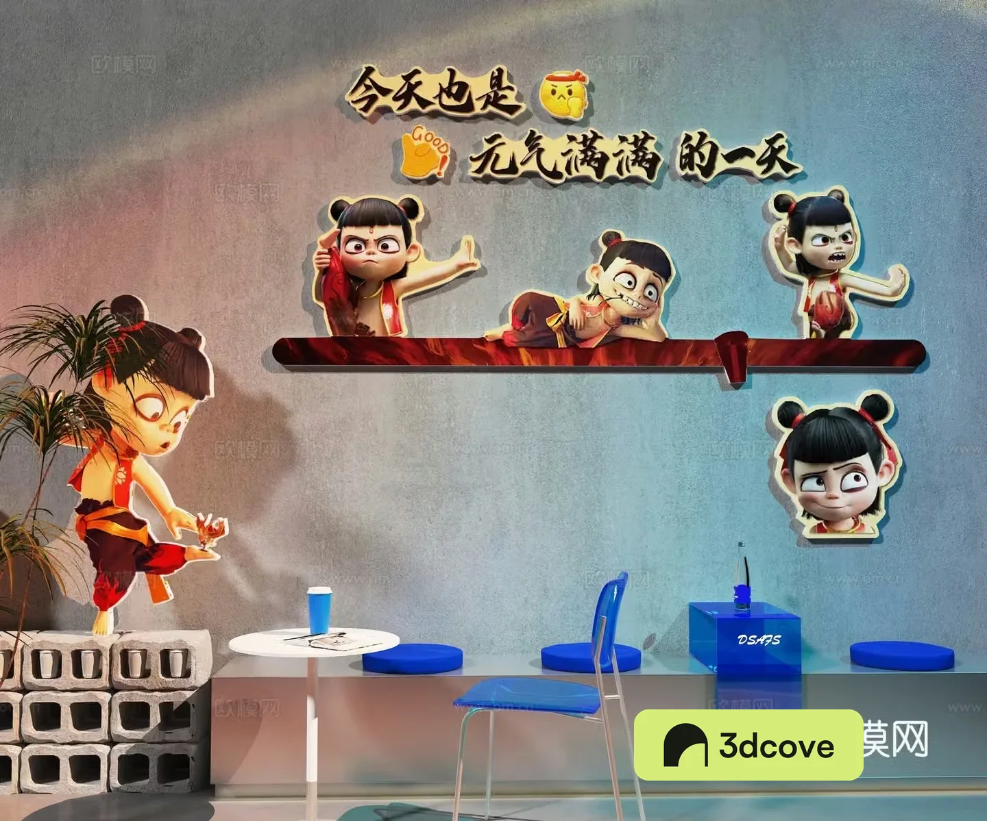 Modern milk tea shop Internet celebrity check-in wall Nezha Internet celebrity check-in wall Milk tea shop check-in wall Restaurant