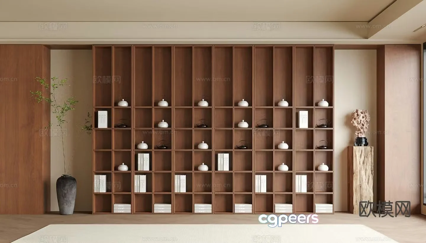 New Chinese style wall-to-wall bookcase tea cabinet open cabinet 3D model
