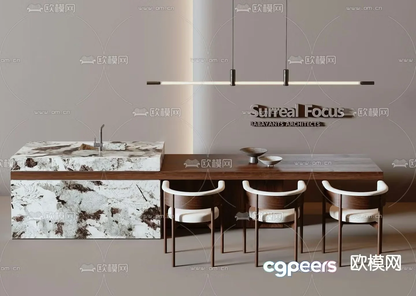 Island dining table and chairs 3d model