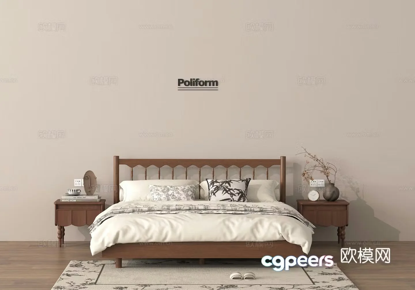 Double bed nightstand floral vase 3d model