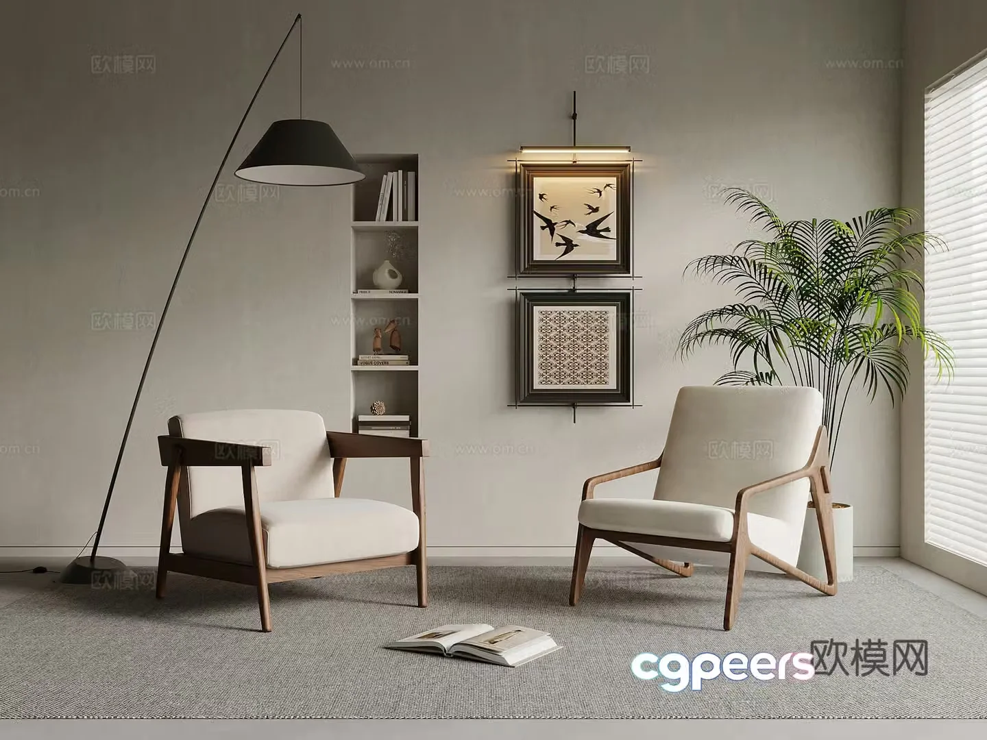 Medium style leisure chair single sofa floor lamp 3d model