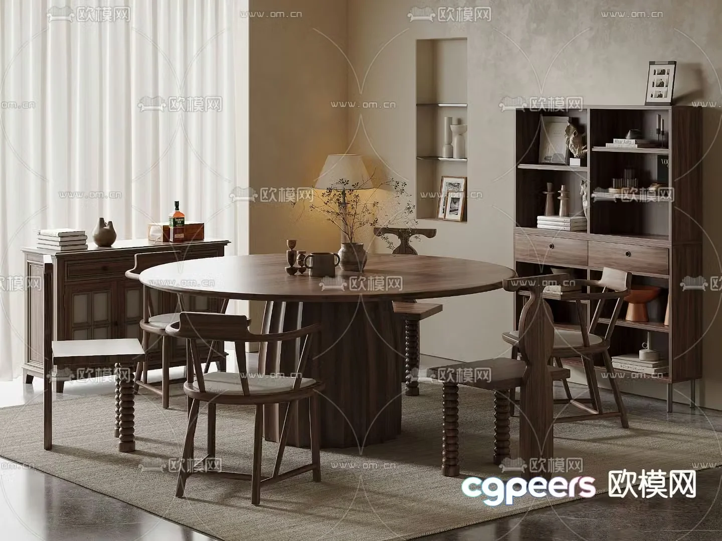 Wabi-sabi dining table and chairs round dining table 3d model