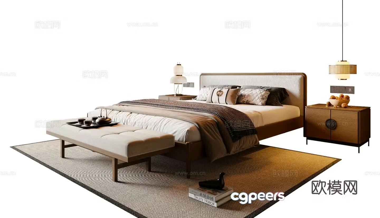 New Chinese Song style double bed nightstand chandeliers foot pedals carpet 3d model
