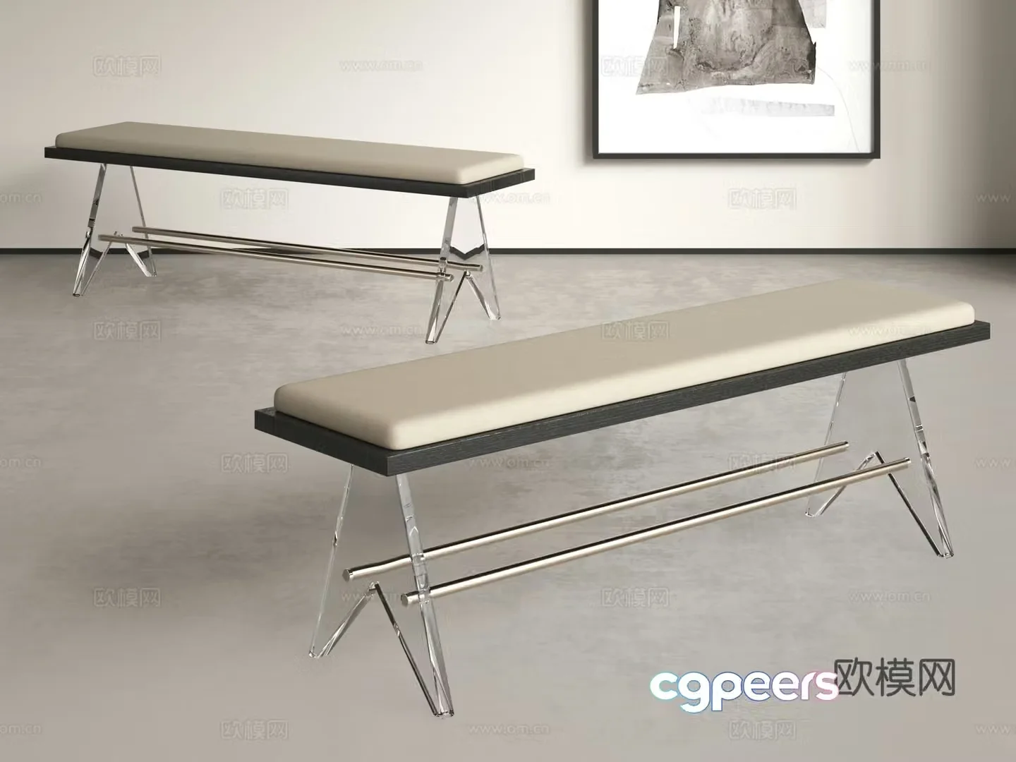 Modern long bench acrylic bench simple shoe changing stool bedroom bed tail stool 3D model