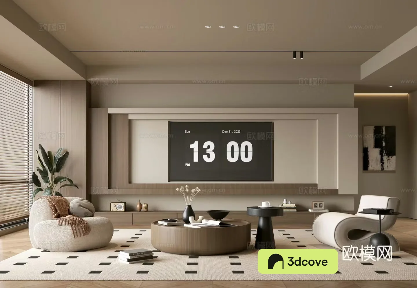 The ancient TV background wall of the TV cabinet and the background wall of the modern Wasabi style living room The ancient style 3D model