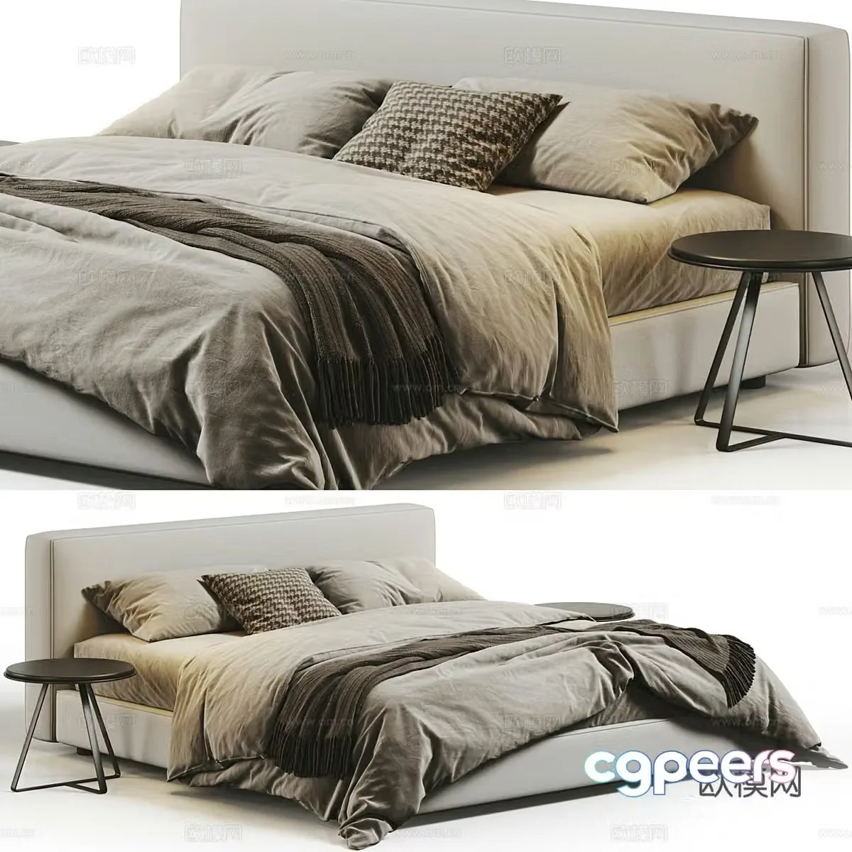 Modern Italian Elm & Iron Brody Fabric Double Bed 3D Model