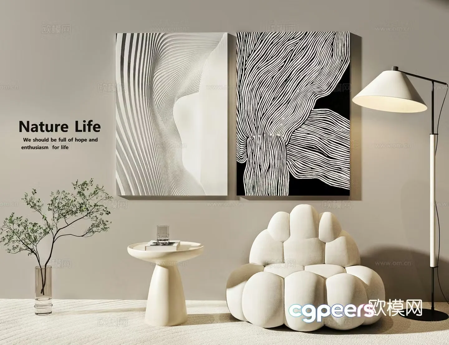 Modern Wasabi Black and White Hanging Painting Texture Decoration Painting Black and White Texture Abstract Painting Casual Sofa Internet Celebrity 3D Model