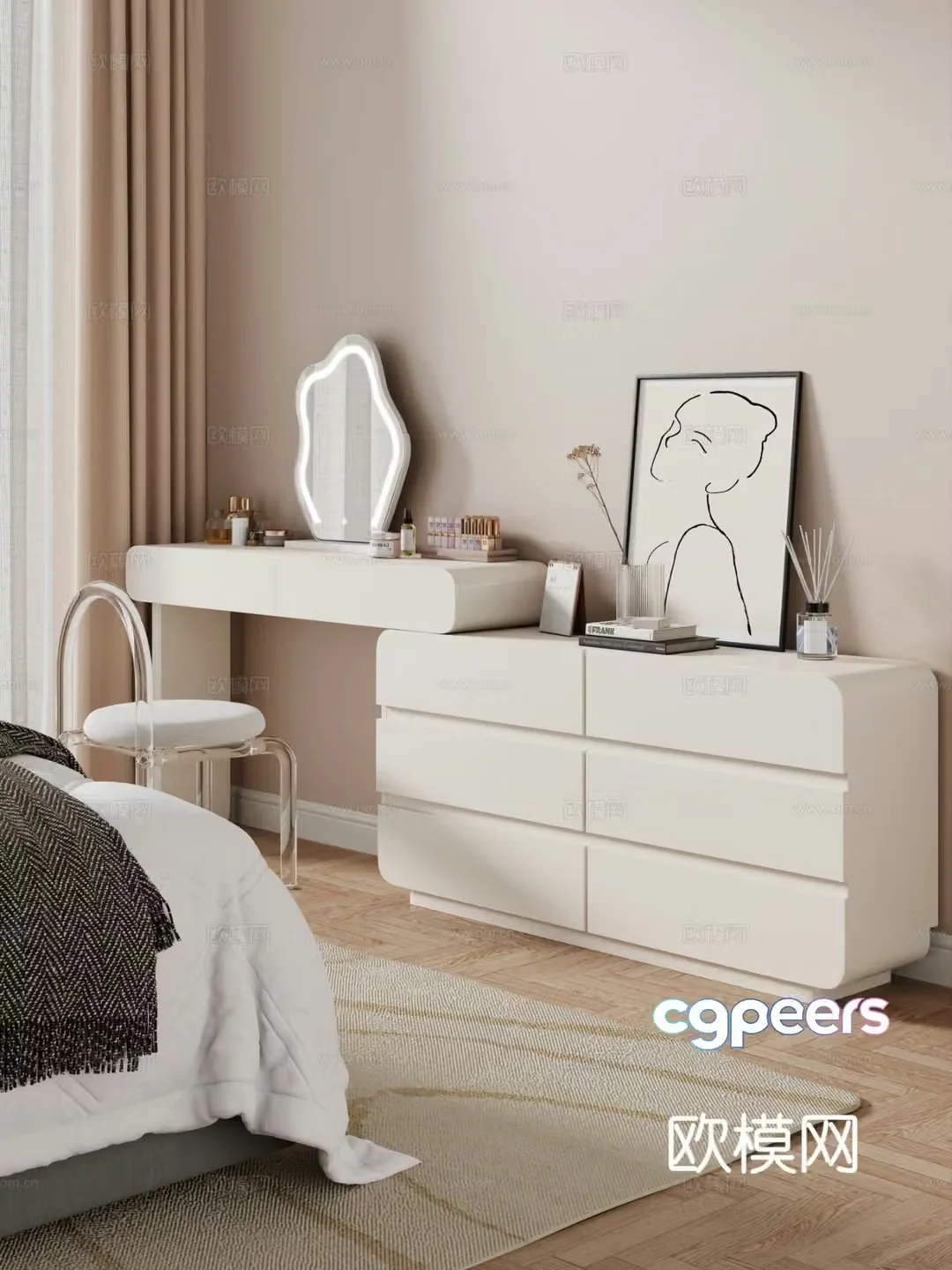 Cream style dressing table makeup stool combination dressing table makeup stool mirror decoration hanging painting 3D model