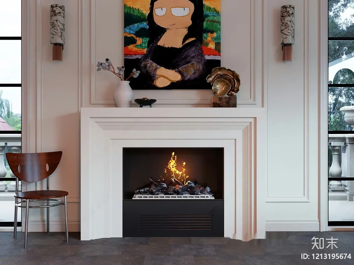 A Modern Fireplace With A Painting Of The Mona Lisa Above It 3D Model – 19584 – VRAY Render