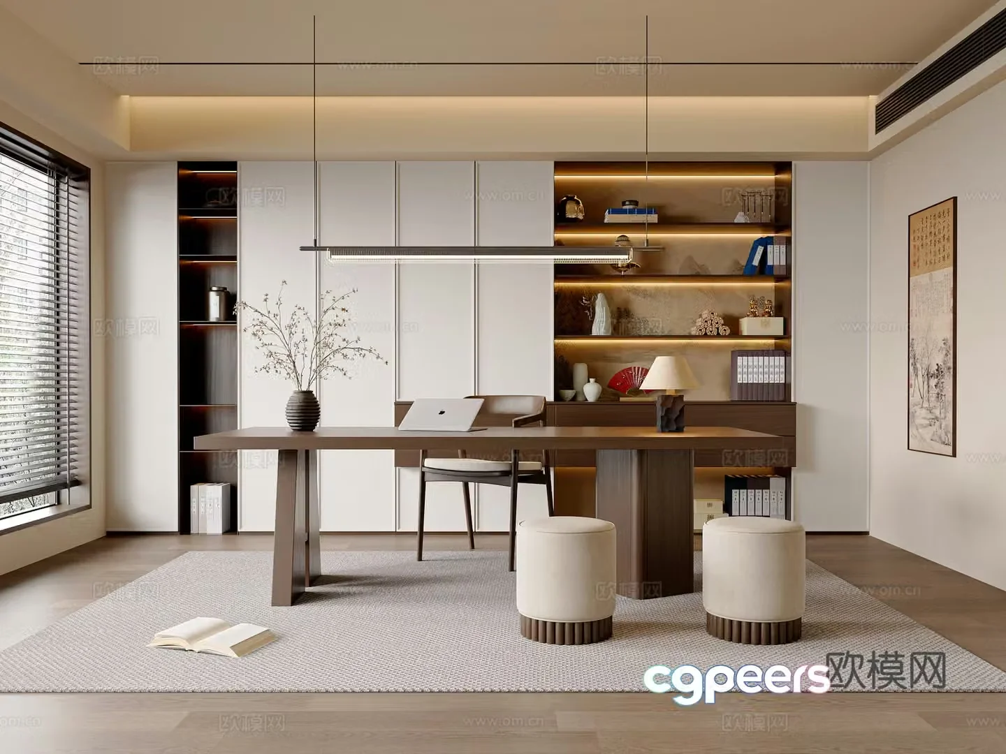 New Chinese style Song style study room desk and chair combination bookcase new Chinese style study room ornaments chandelier stool 3D model