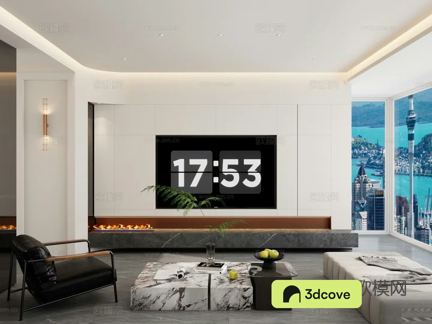 Italian cream style curved shape embedded suspended floor large flat living room TV mysterious