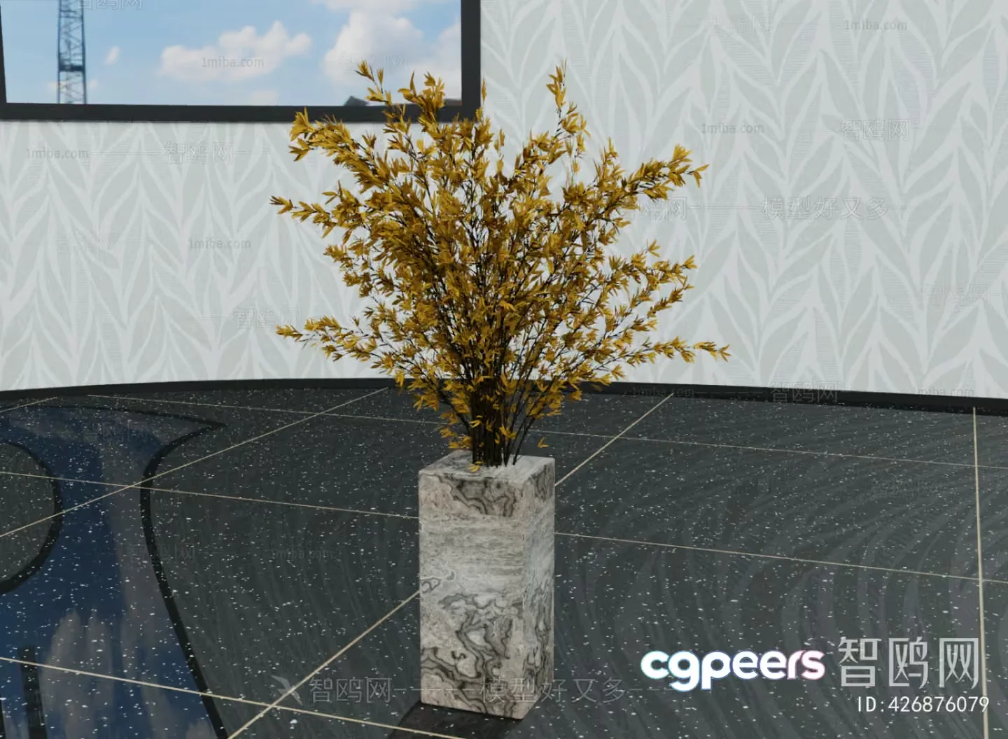 A Decorative Plant In A Stone Pot 3D Model – 22614 – VRAY Render