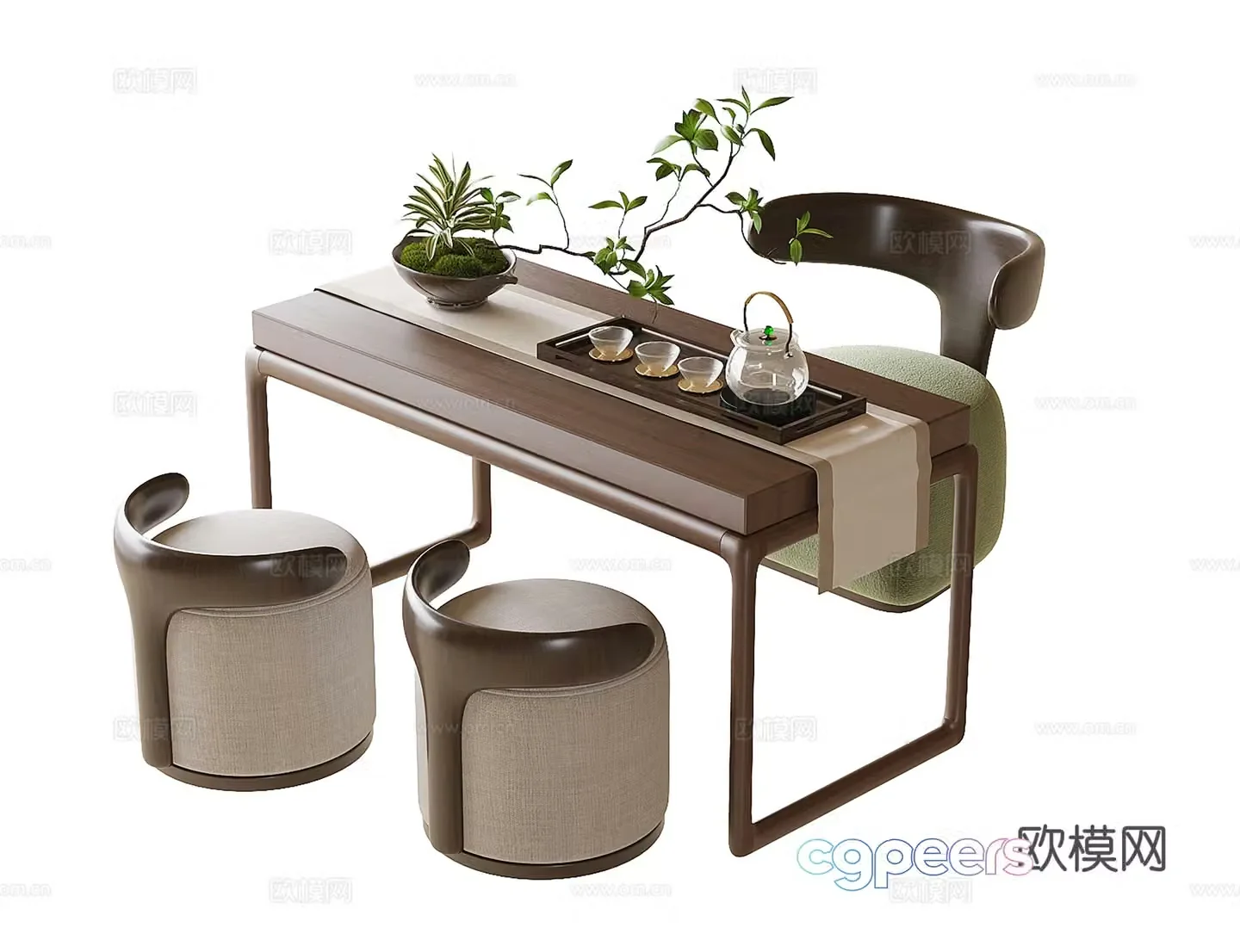 New Chinese style balcony tea table and chair stool tea set 3D model