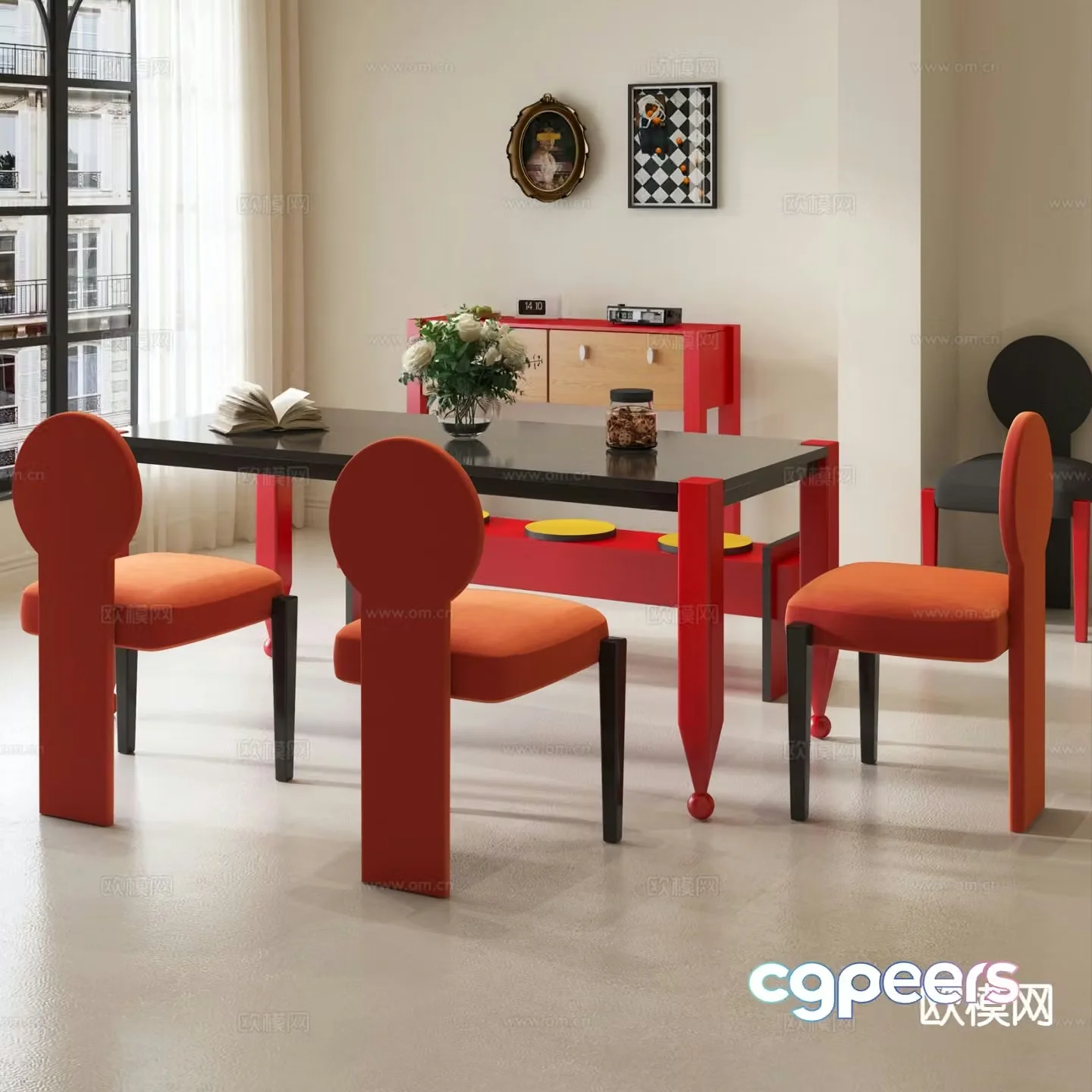 Memphis dining table and chairs long table 3d model