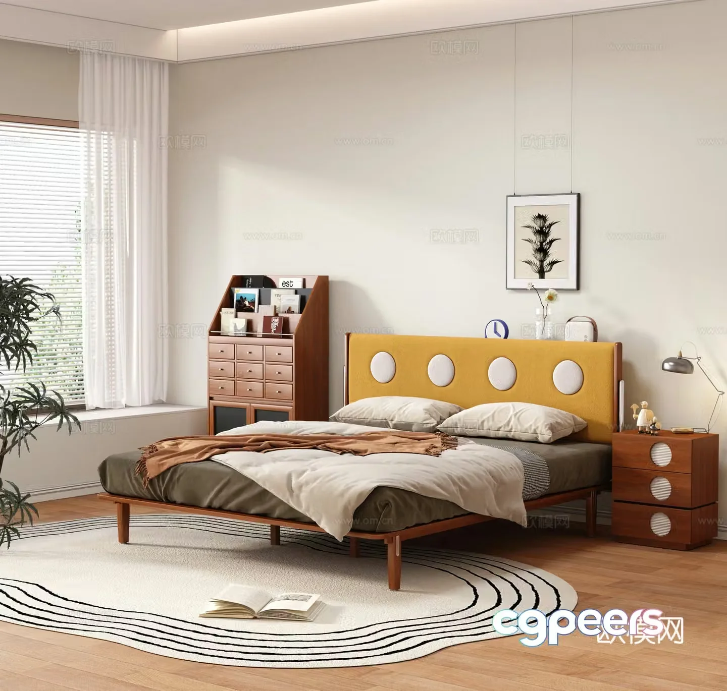 Medium retro double bed solid wood bed master bedroom bed finished double bed solid wood bed nightstand 3D model