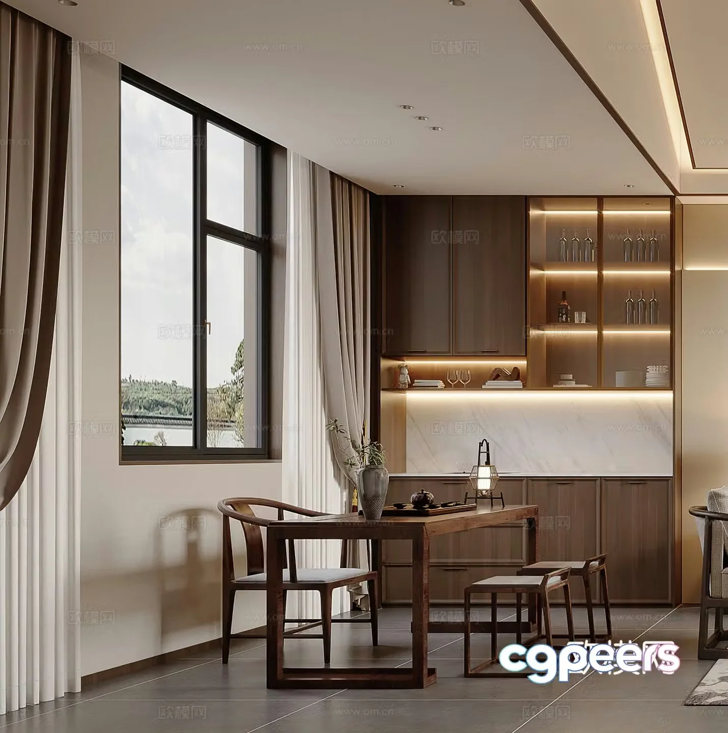 New Chinese-style tea room Teahouse Difference Wine cabinet Office Middle-aged tea room Study room 3D model