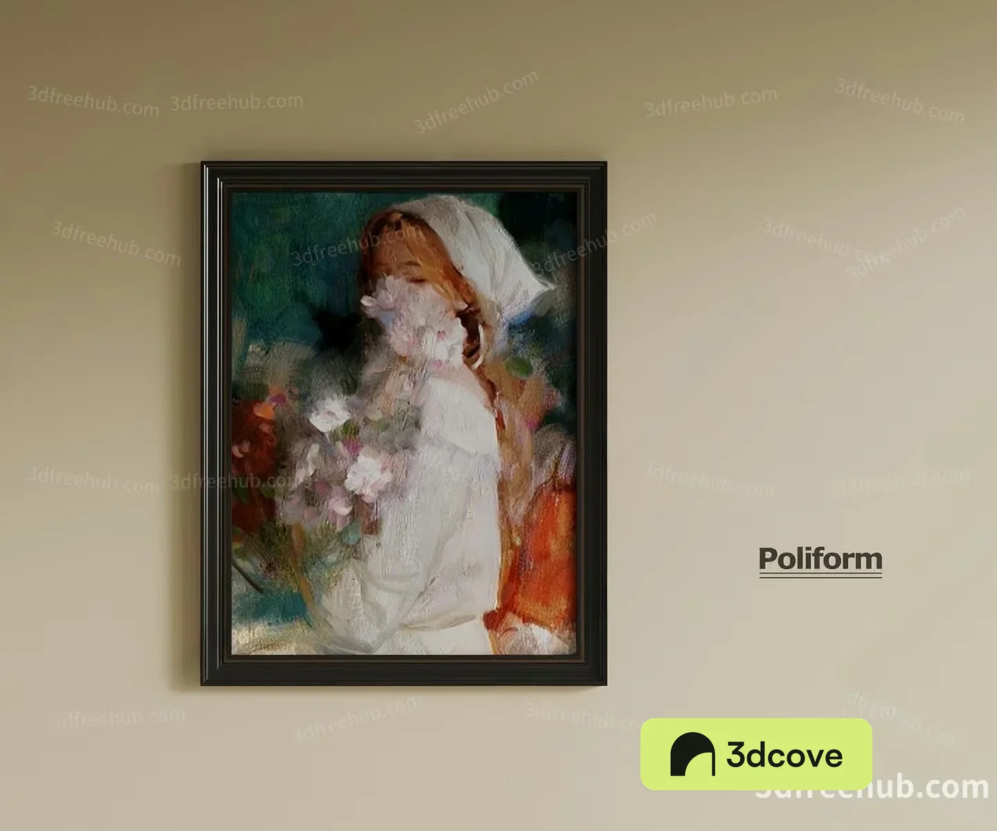 A Framed Painting Of A Woman Holding Flowers