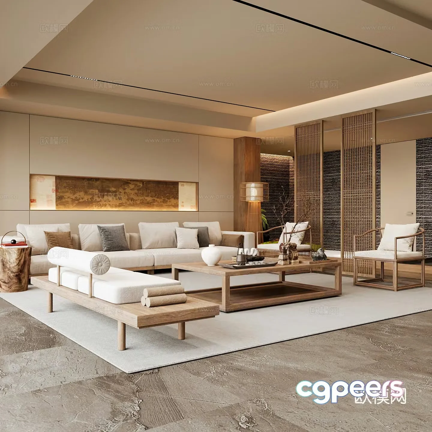 New Chinese Song style living room Chinese sofa combination Song style aesthetics Solid wood coffee table Chinese background 3D model