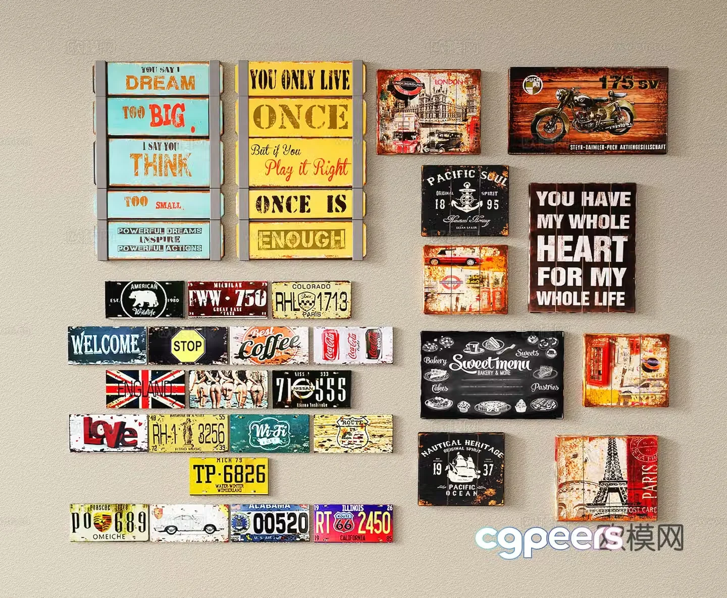 Modern wall decoration industrial style decoration painting license plate cultural wall signboard decorative painting combination 3D model