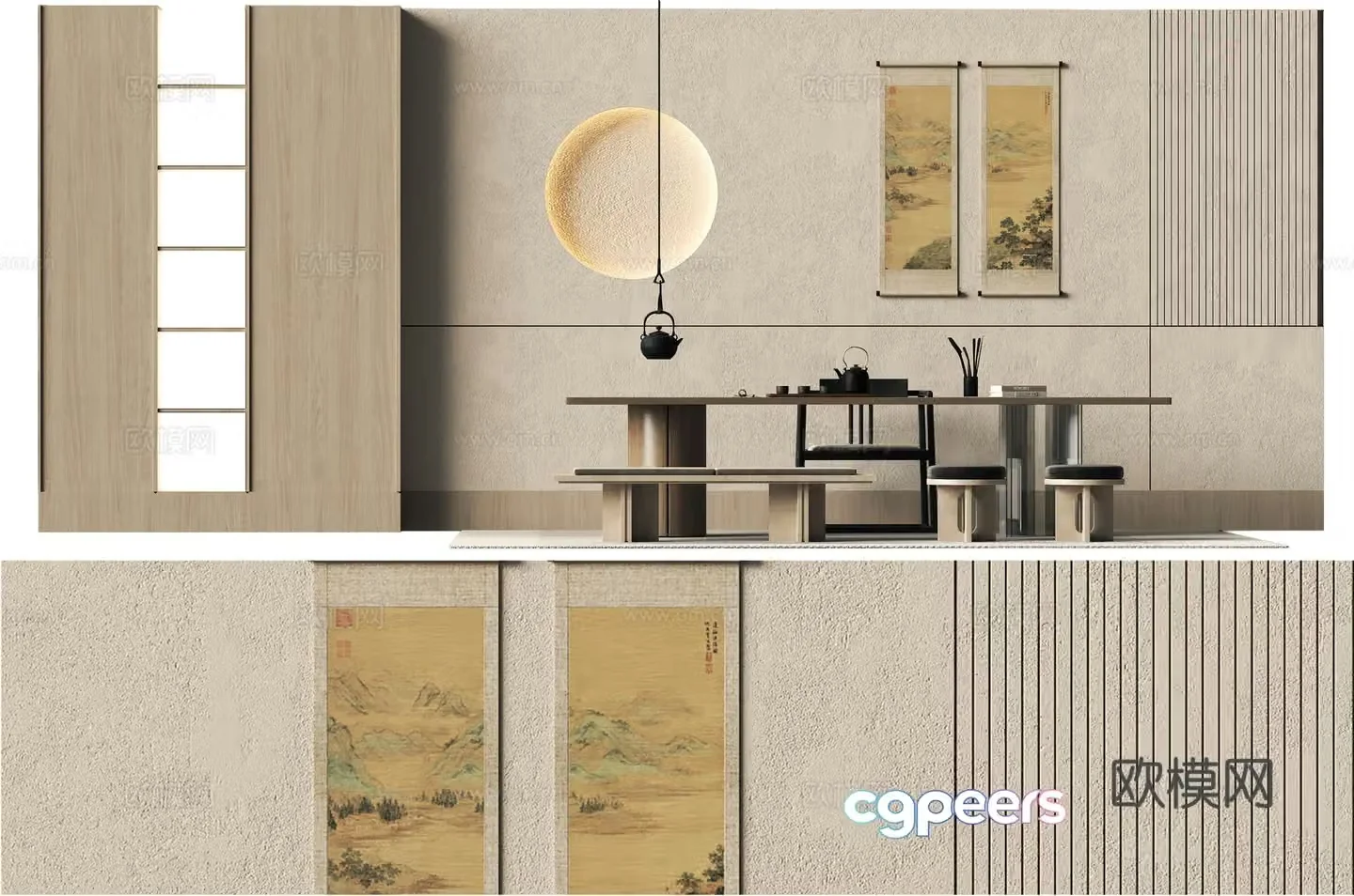Song style aesthetic tea room background wall tea table and chair 3d model