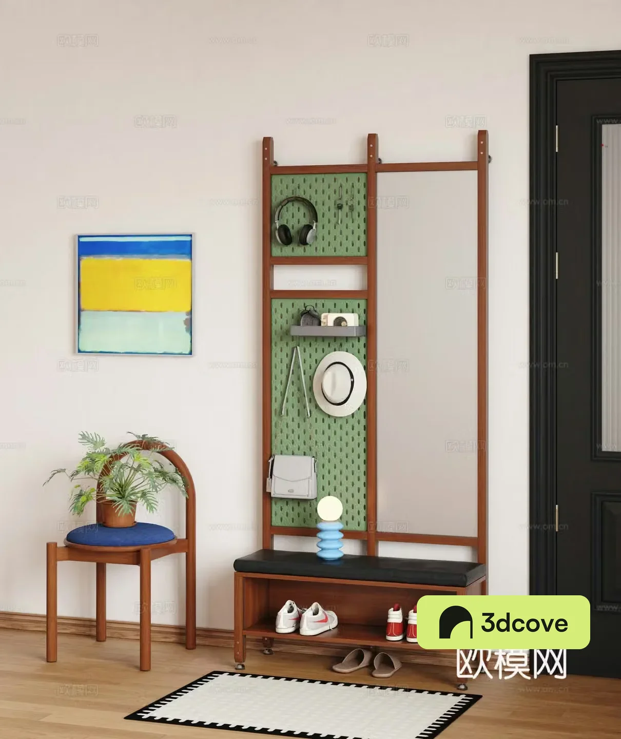 Middle-aged shoe replacement stool hole board full-body mirror shoe replacement stool 3D model