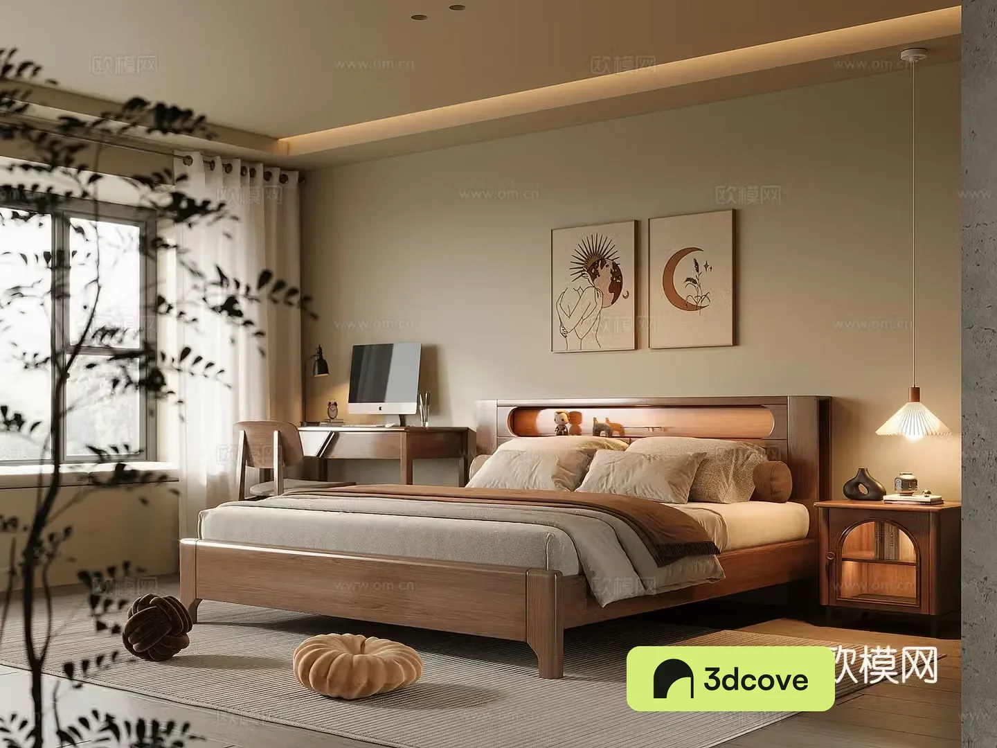 Middle-aged home bedroom solid wood double bed bedside table solid wood desk and chair chandeliers 3D model