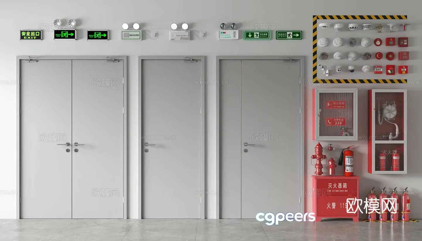 Modern fire door Fire door Safety door Fire hydrant Fire extinguisher Safety exit Firefighter 3d model