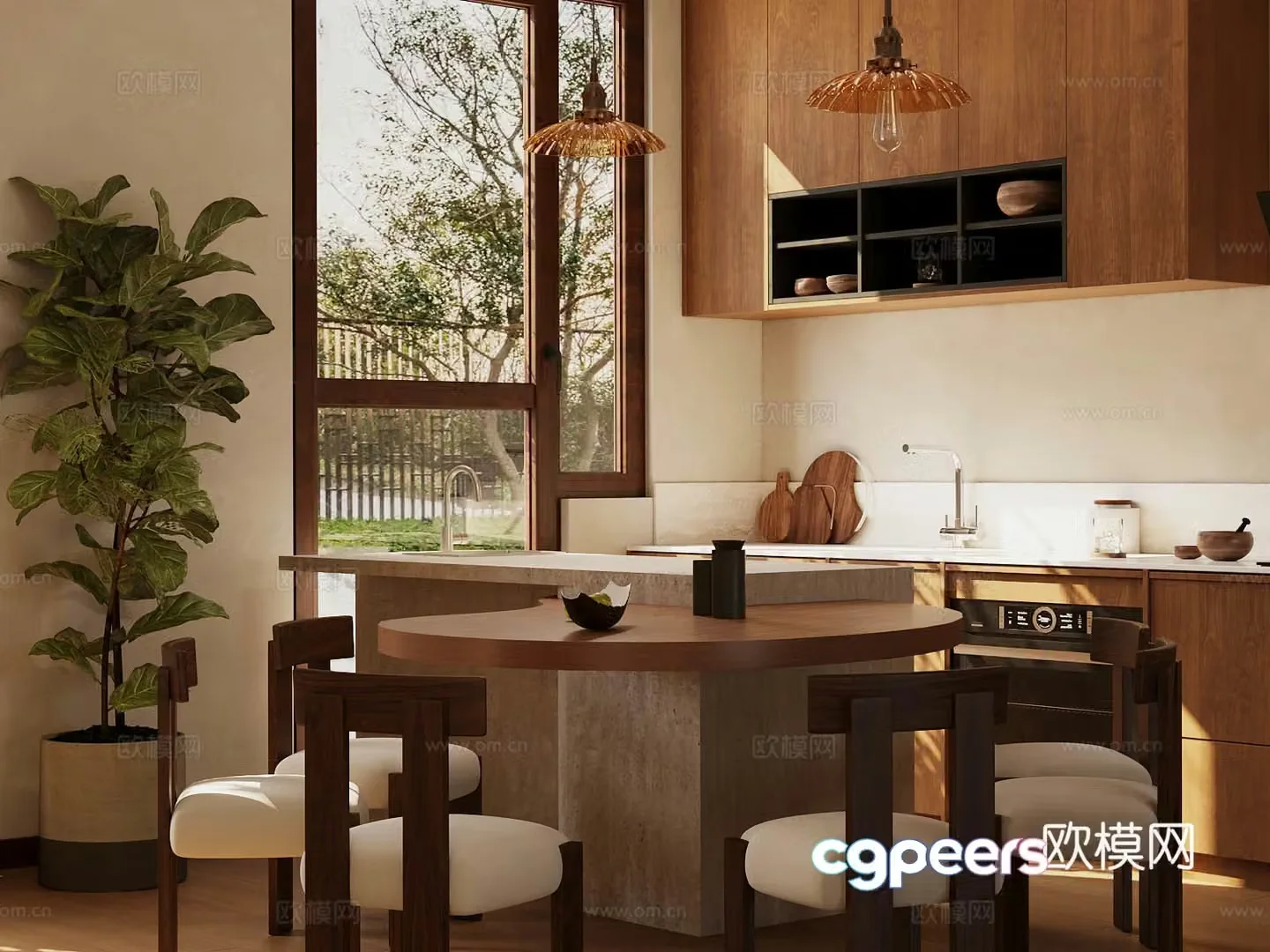 Middle style home restaurant Open restaurant Log style home restaurant Kitchen restaurant Round table 3D model