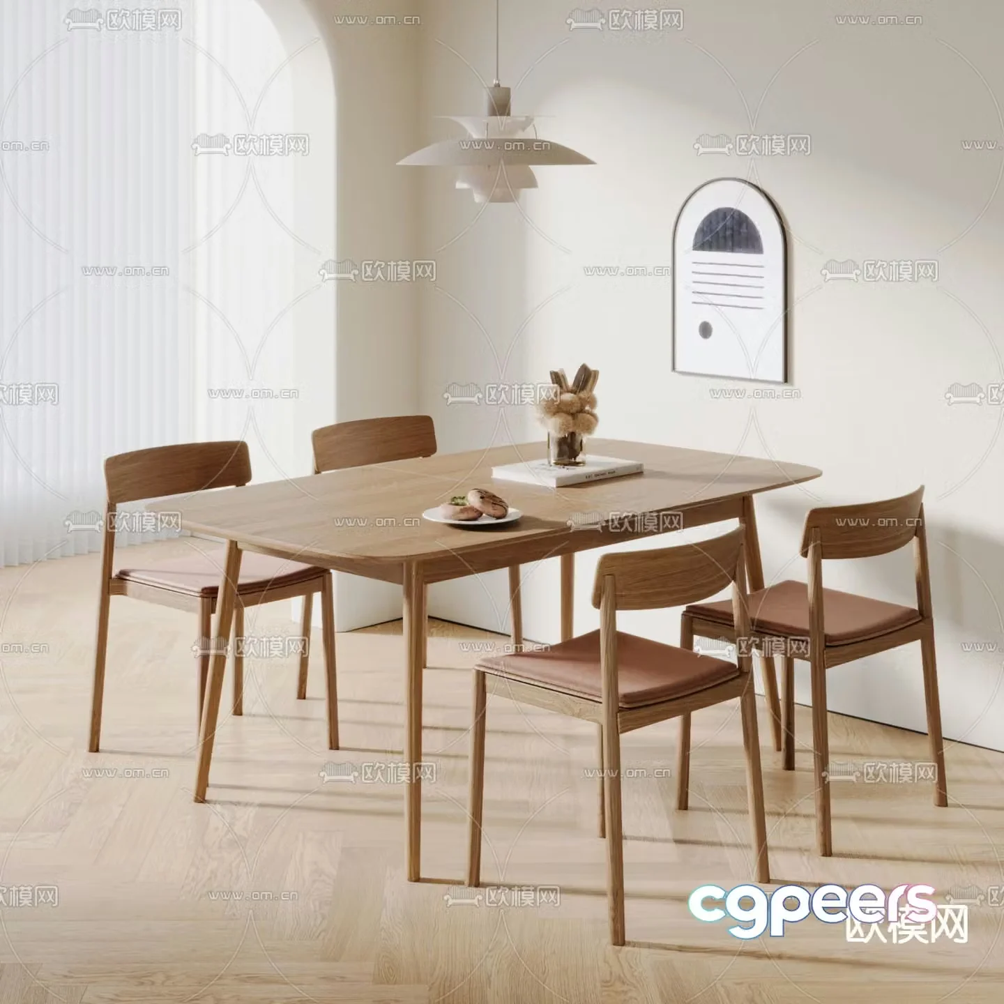 Nordic dining table and chairs log dining table 3d model