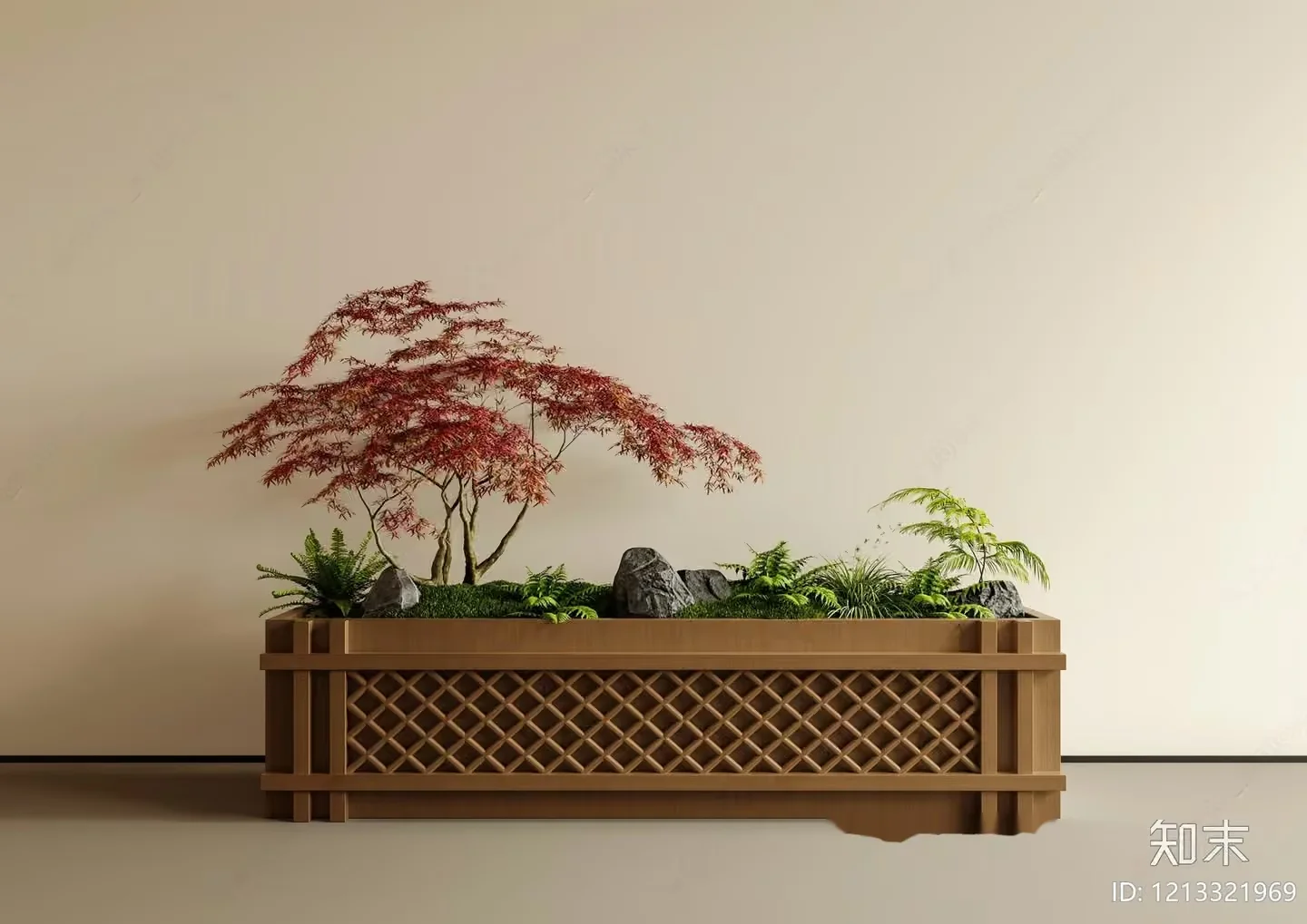 A Wooden Planter With A Japanese Maple Tree 3D Model – 11924 – VRAY Render
