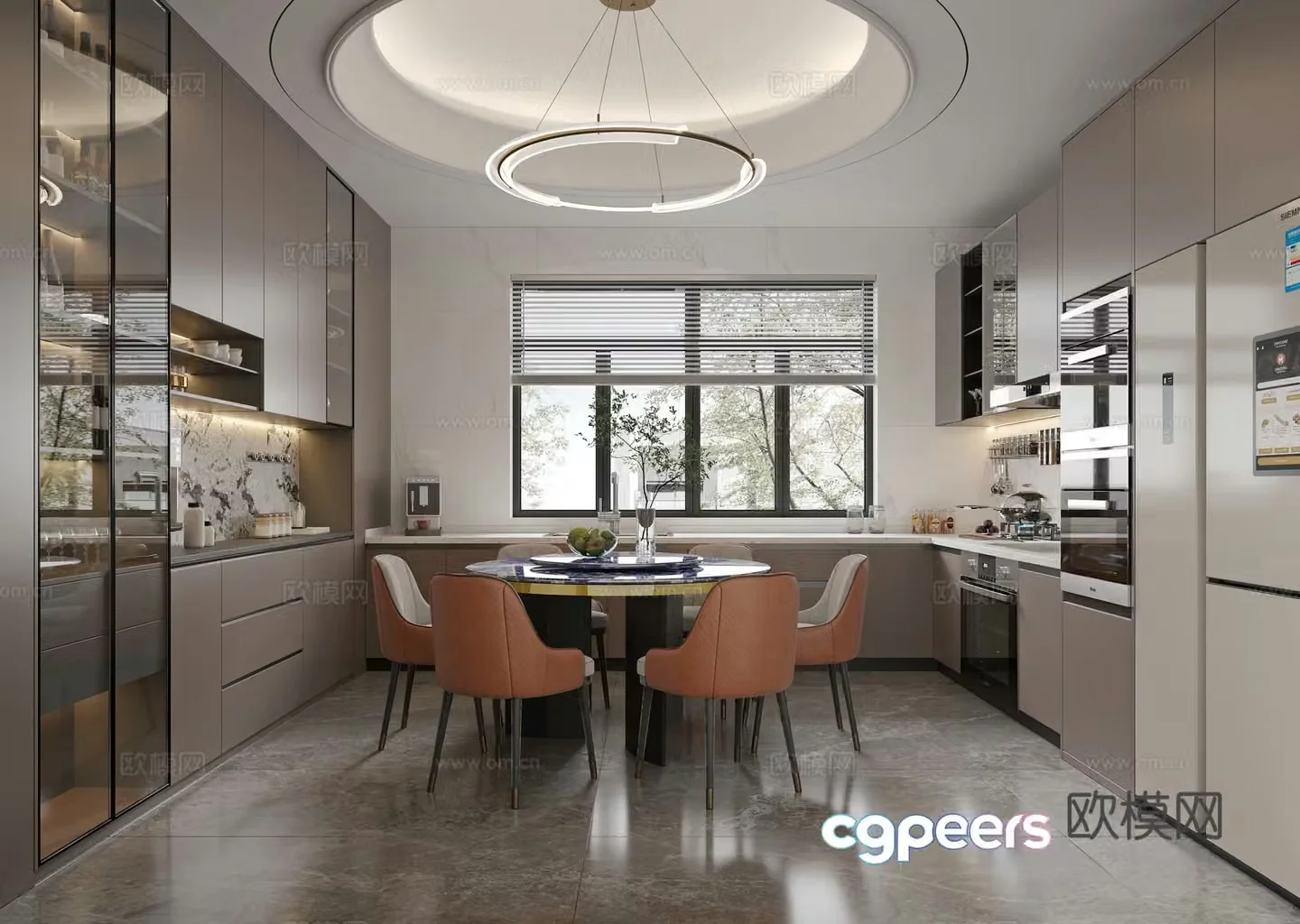 Modern restaurant round dining table chandelier round ceiling wine cabinet 3d model