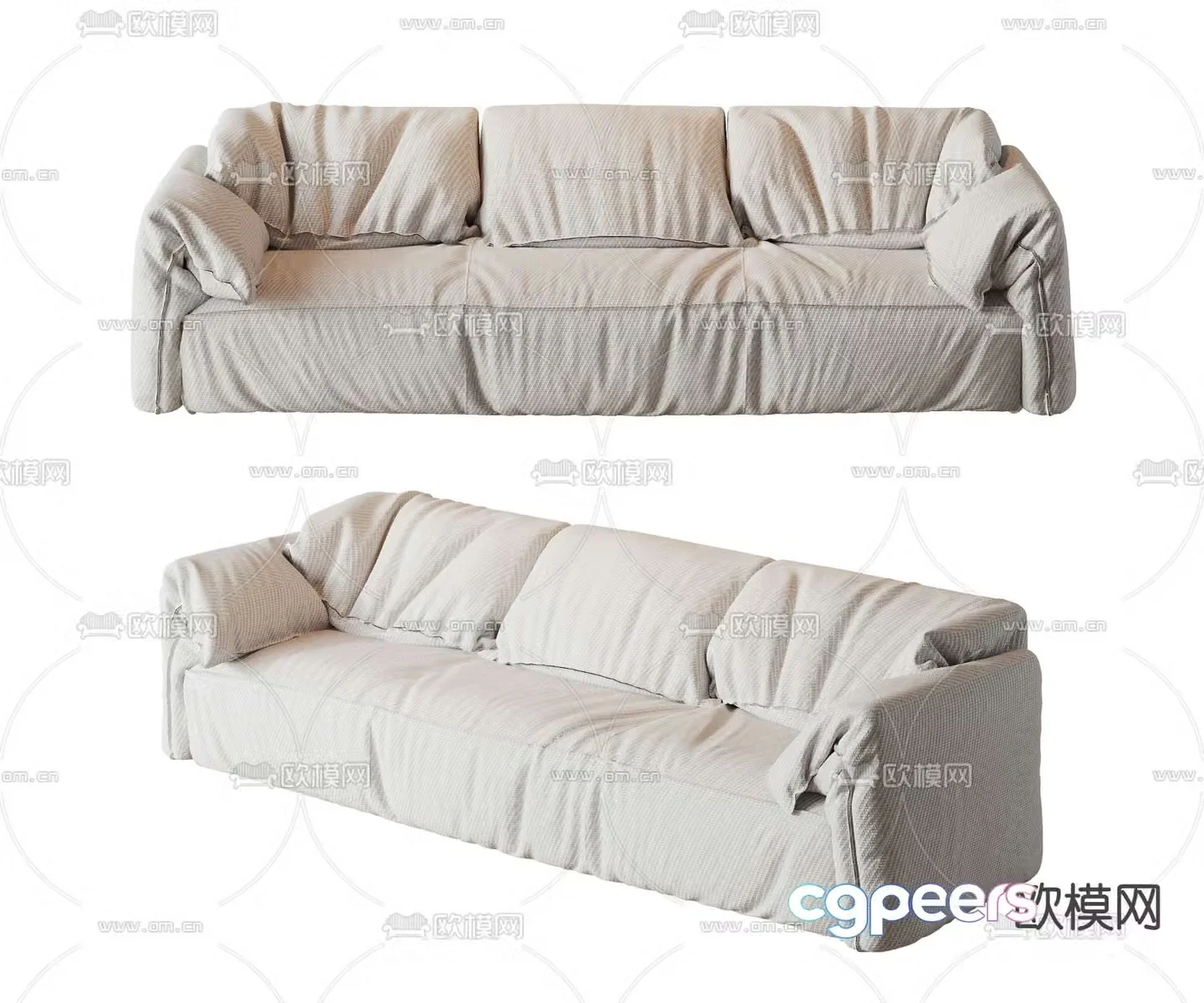 Cream style three-seat sofa 3D model