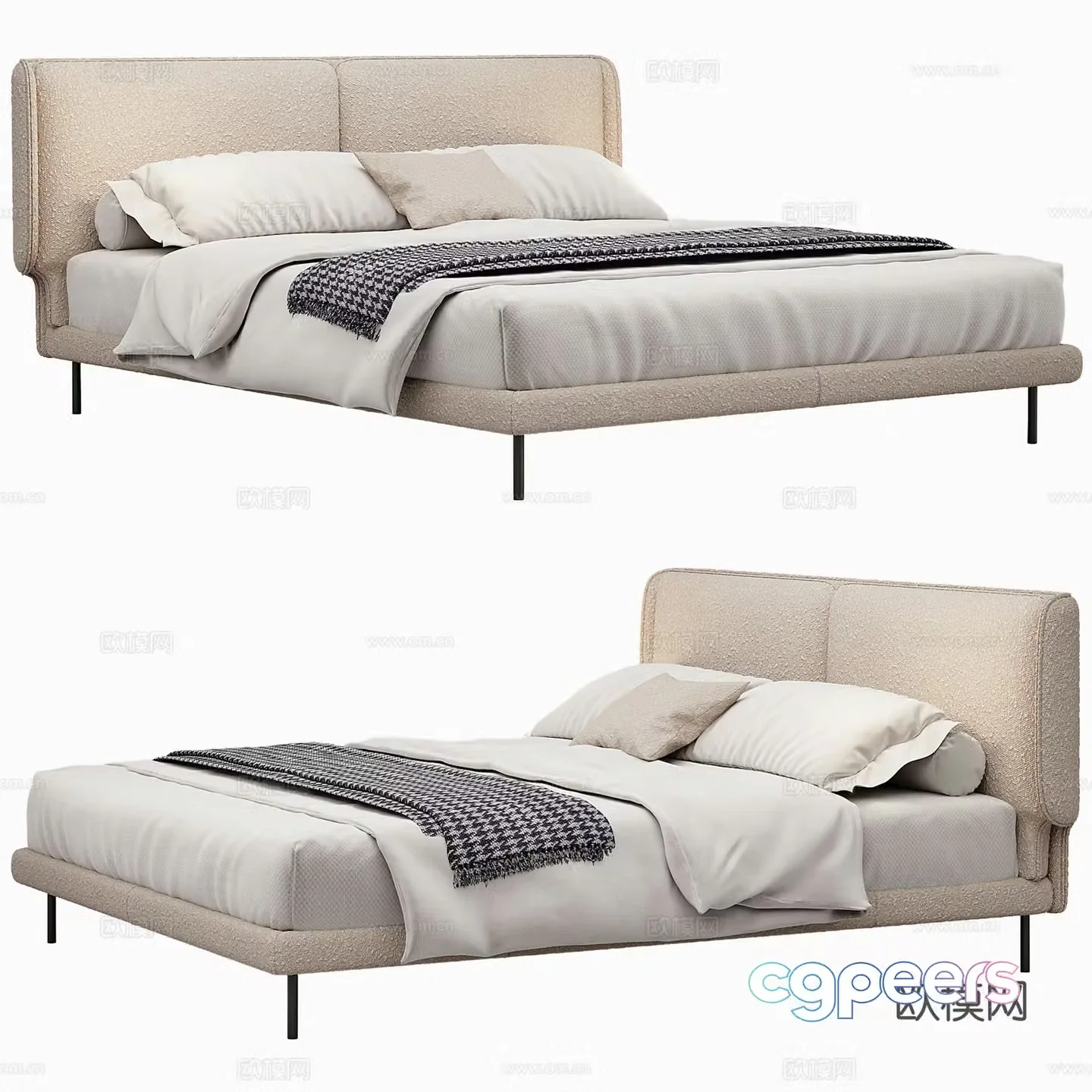 Modern Double Bed Fabric Double Bed Bedroom Bed Frame Bedding Bedding Pillow Holding 3D Model