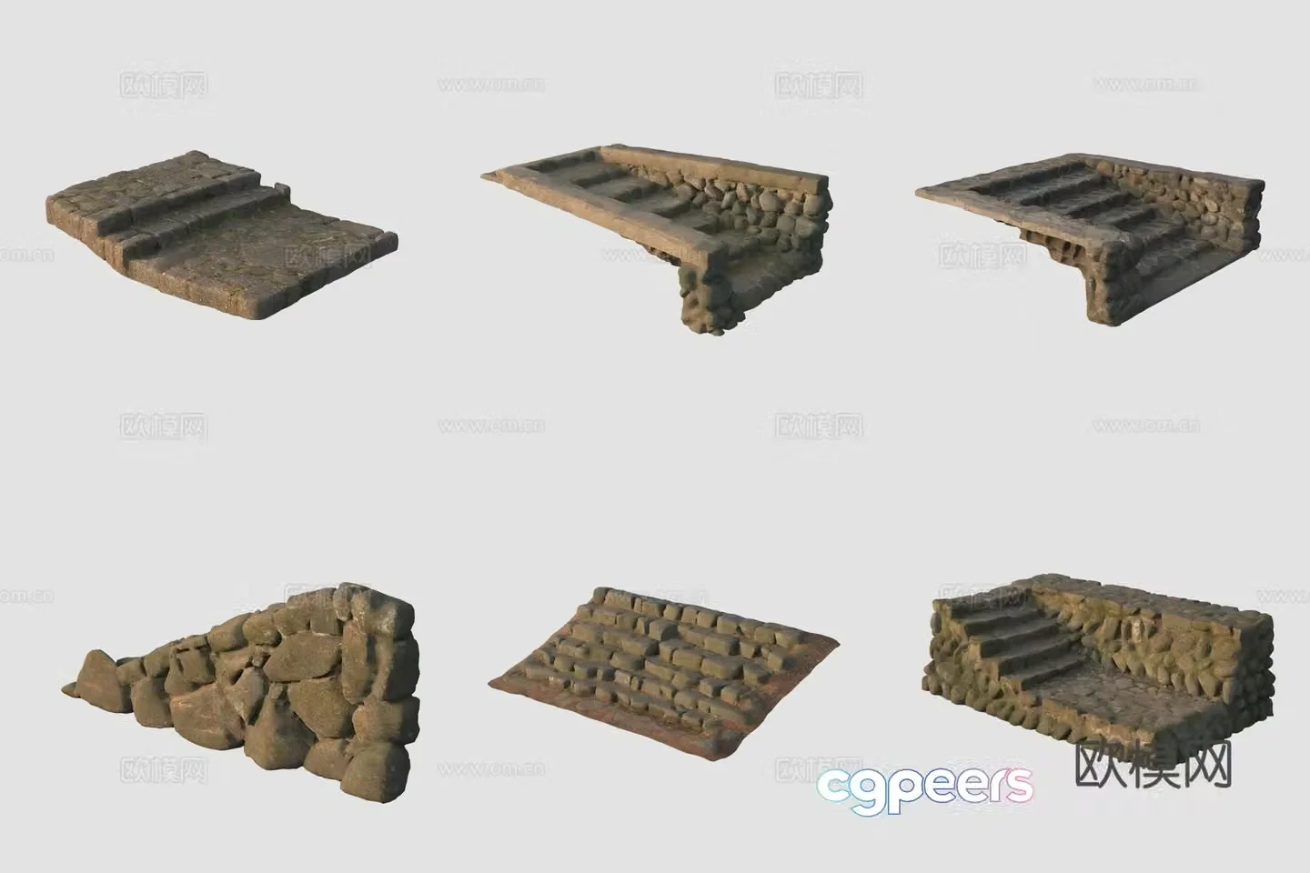 Ancient stone steps bluestone slab road fence 3D model