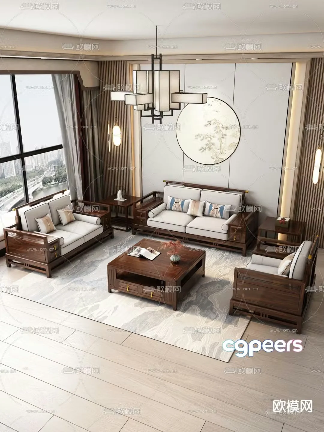 Chinese style modular sofa living room 3d model