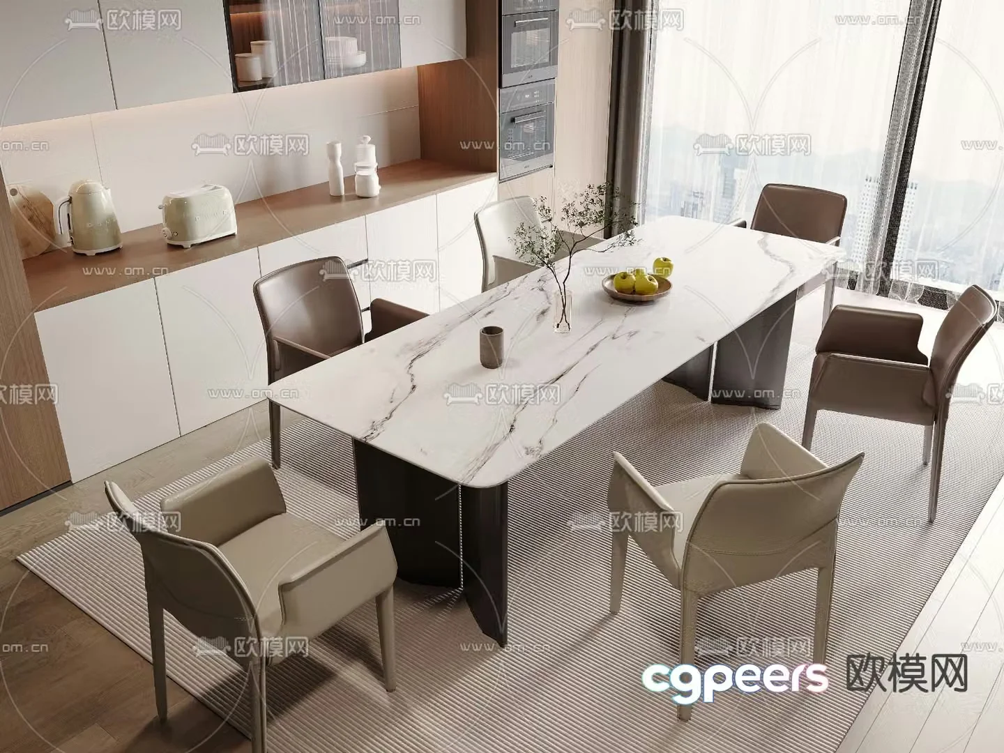 Long dining table and chairs 3d model