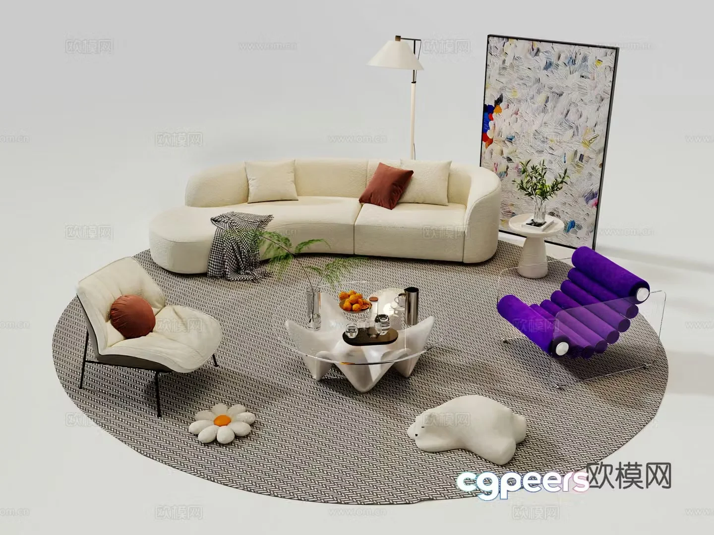 Modern cream sofa combination sofa coffee table combination curved sofa internet celebrity casual sofa 3D model