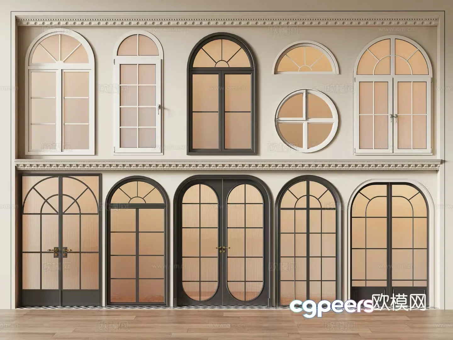 French curved doors and windows combination circular aluminum alloy doors and windows glass double-opening doors 3D model